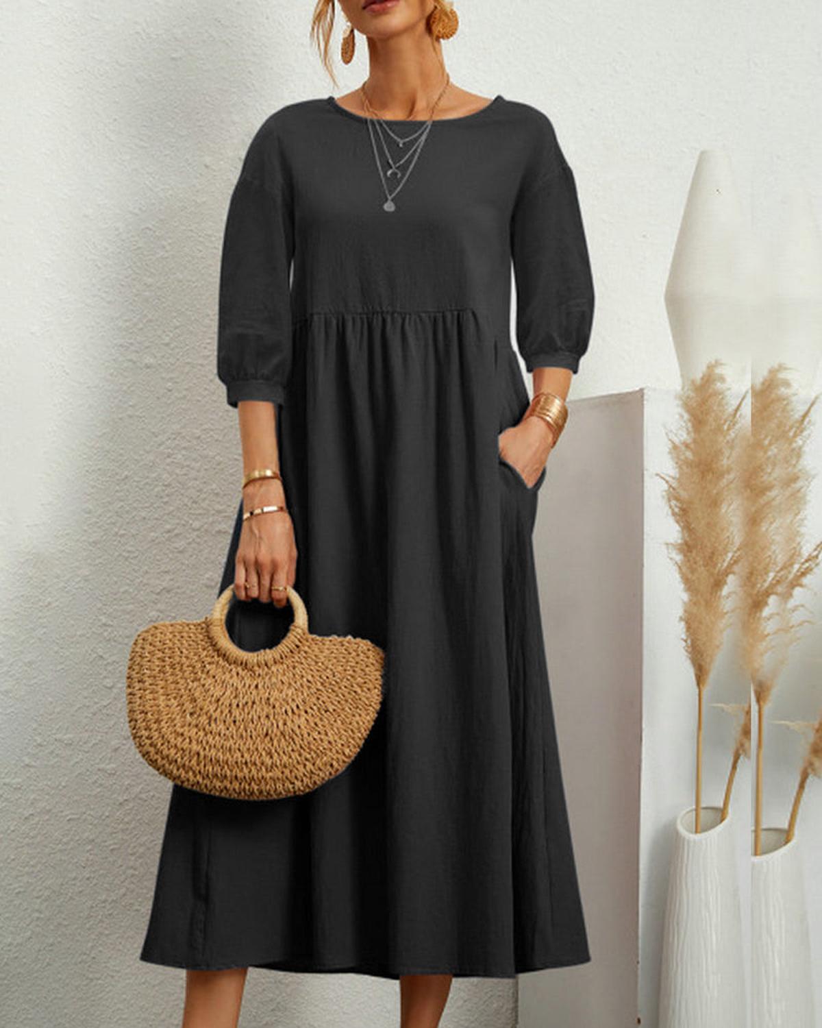 Women’s Midi Dress With Round Neckline And Lantern Sleeves