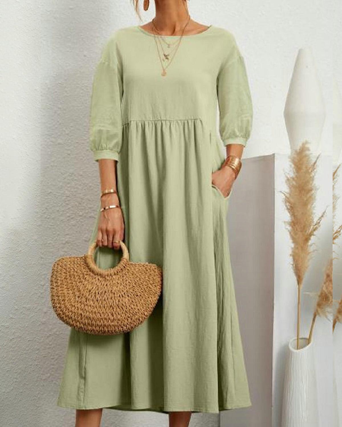 Women’s Midi Dress With Round Neckline And Lantern Sleeves