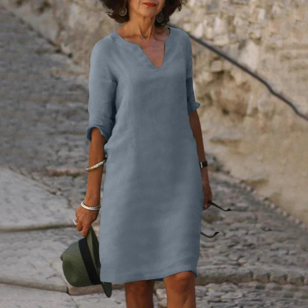 Elegant Linen V-Neck Midi Summer Dress