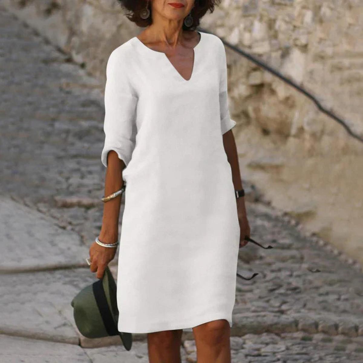 Elegant Linen V-Neck Midi Summer Dress