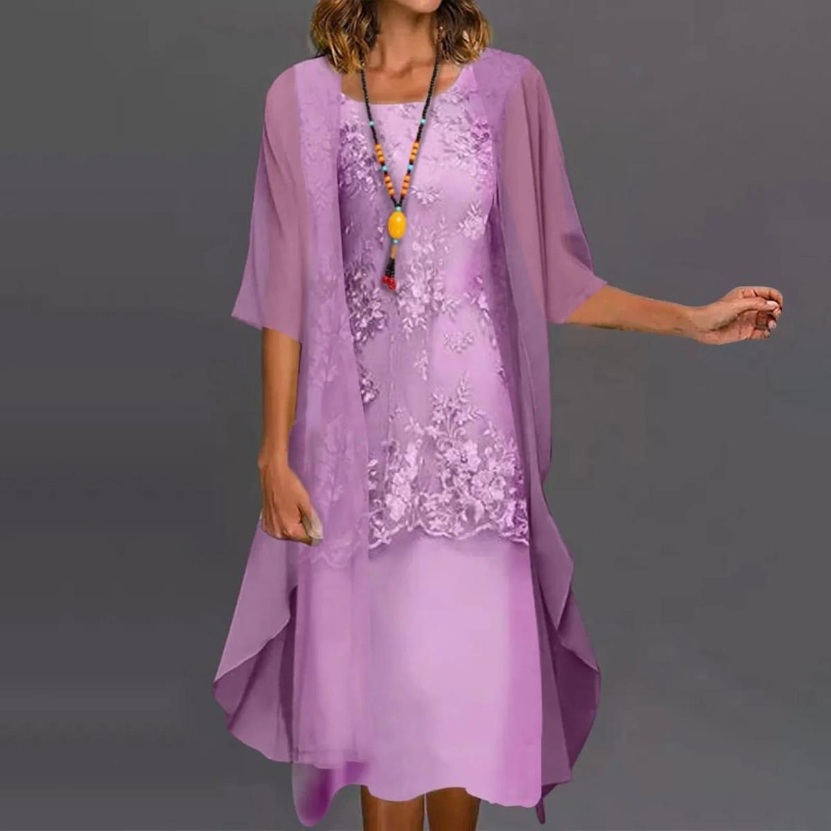 Elegant Two-Piece Chiffon Dress With Round Neck And Short Sleeves