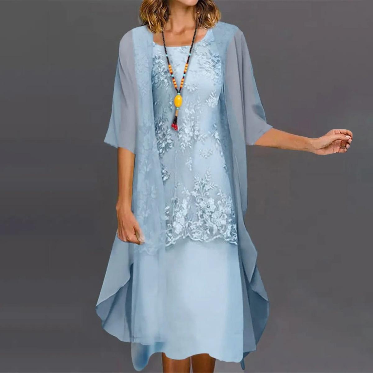 Elegant Two-Piece Chiffon Dress With Round Neck And Short Sleeves
