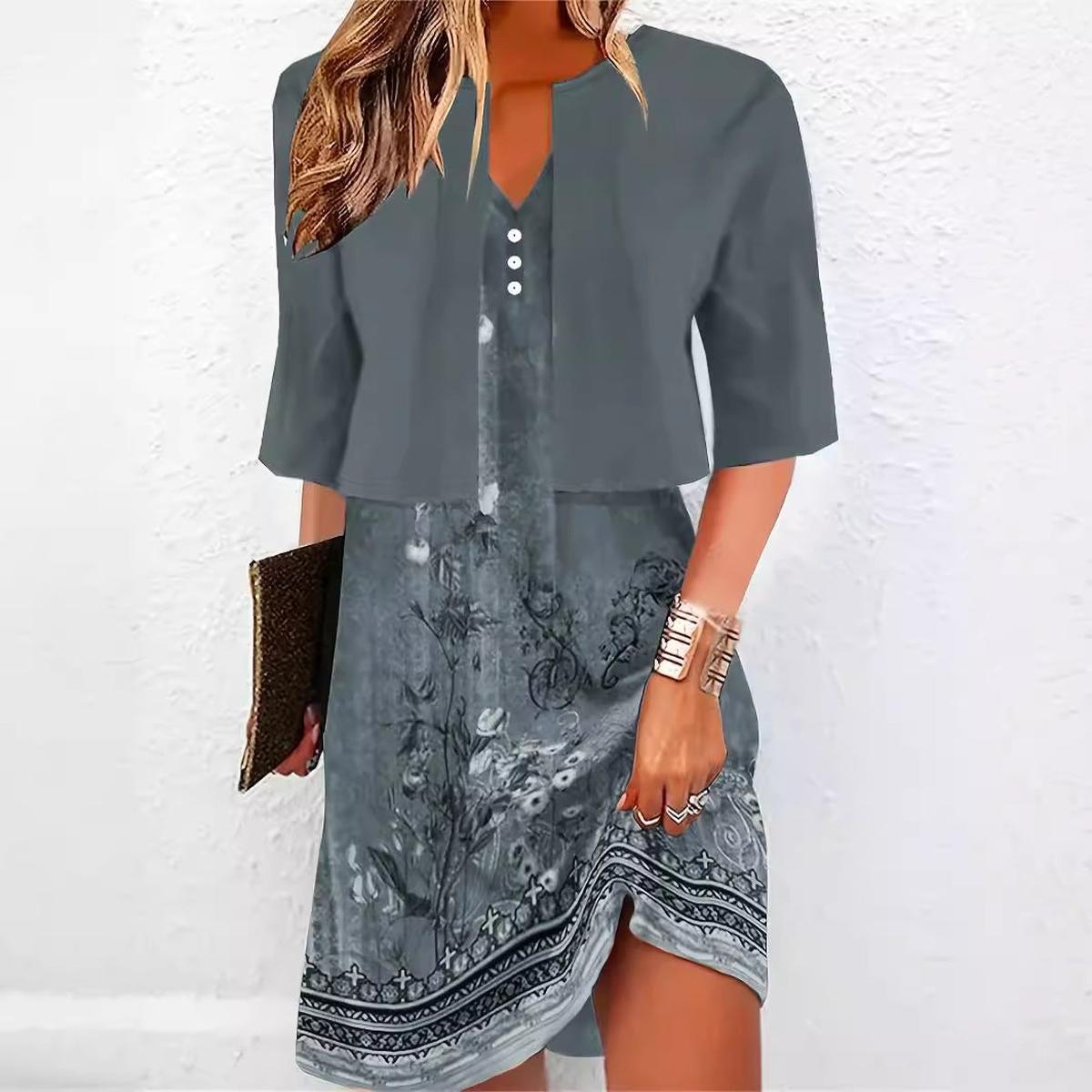 Elegant Two-Piece Floral Midi Dress With V-Neck