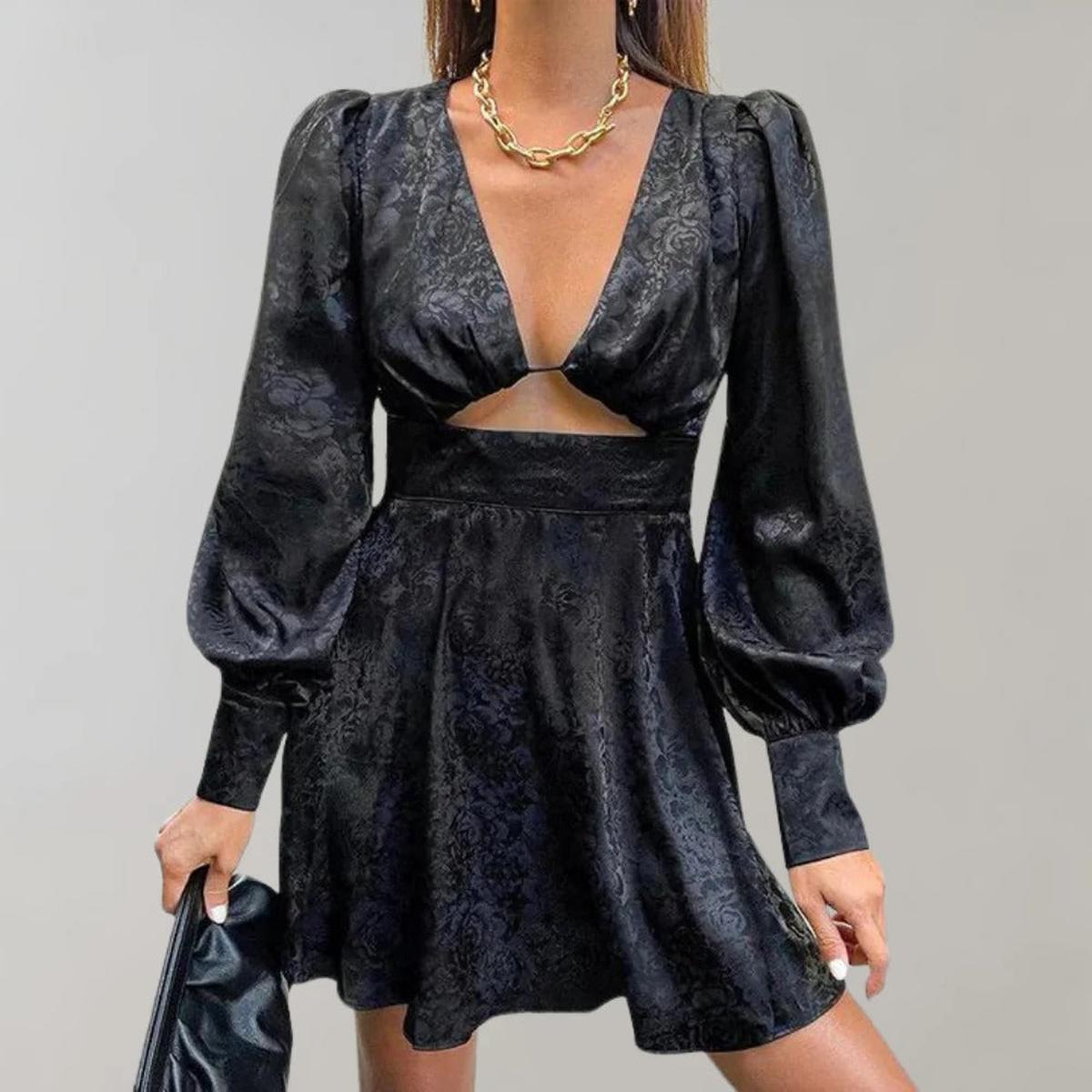 Elegant V-Neck Midi Dress With Lantern Sleeves