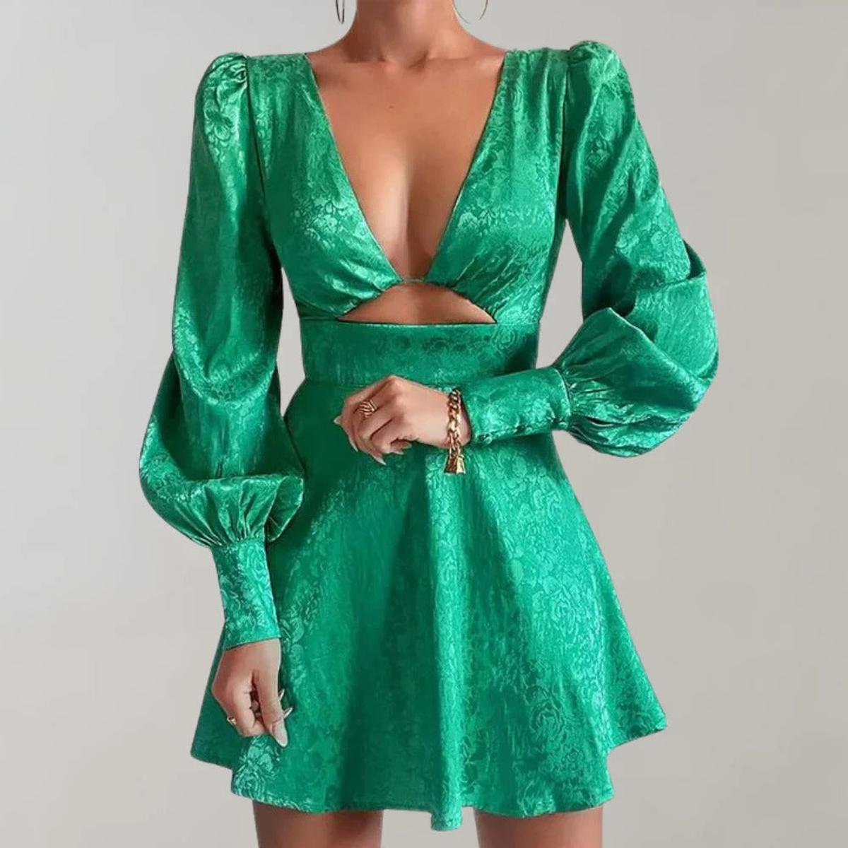 Elegant V-Neck Midi Dress With Lantern Sleeves