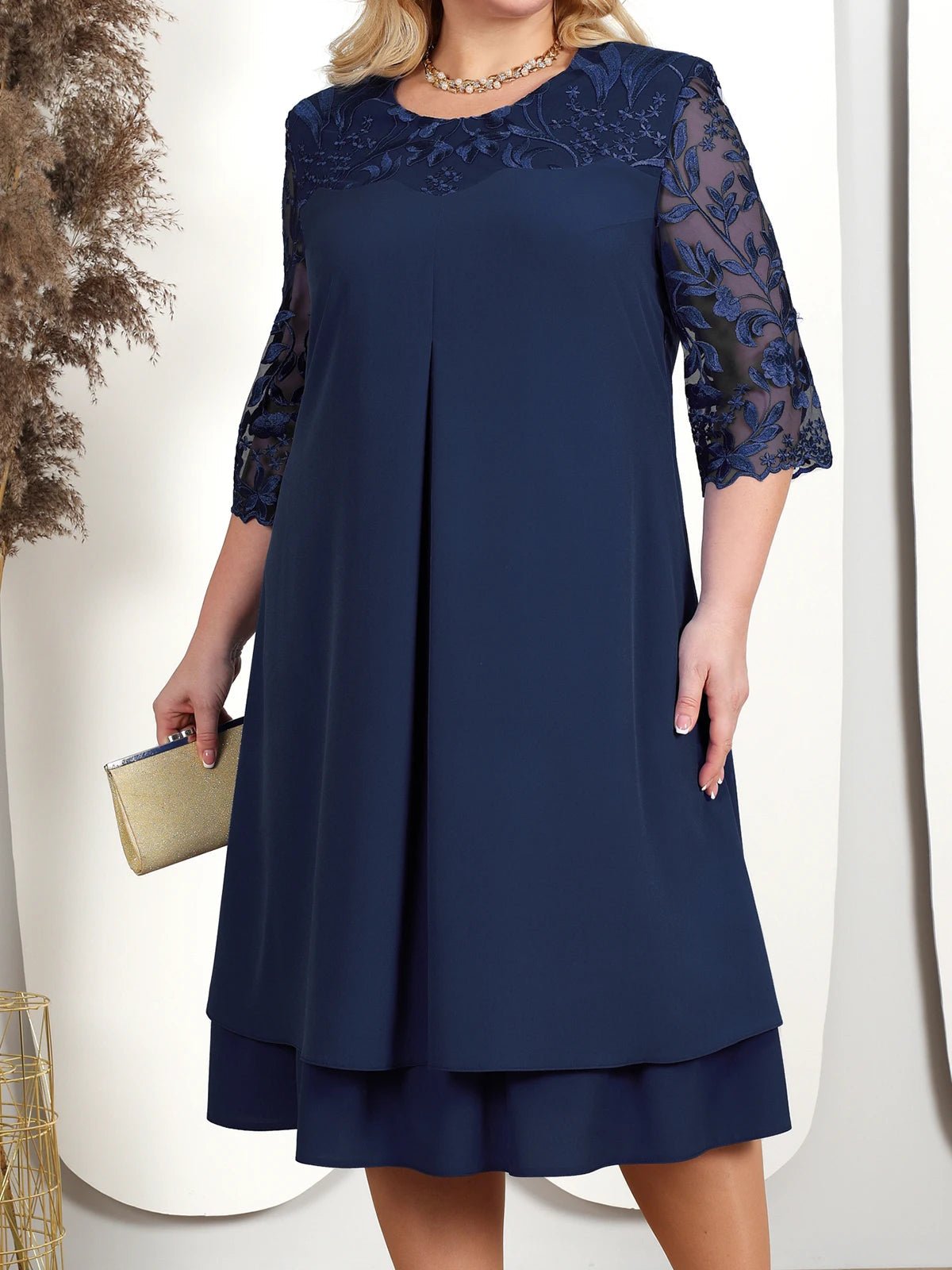 Embroidered Plus Size Banquet Dress With Sheer Sleeves