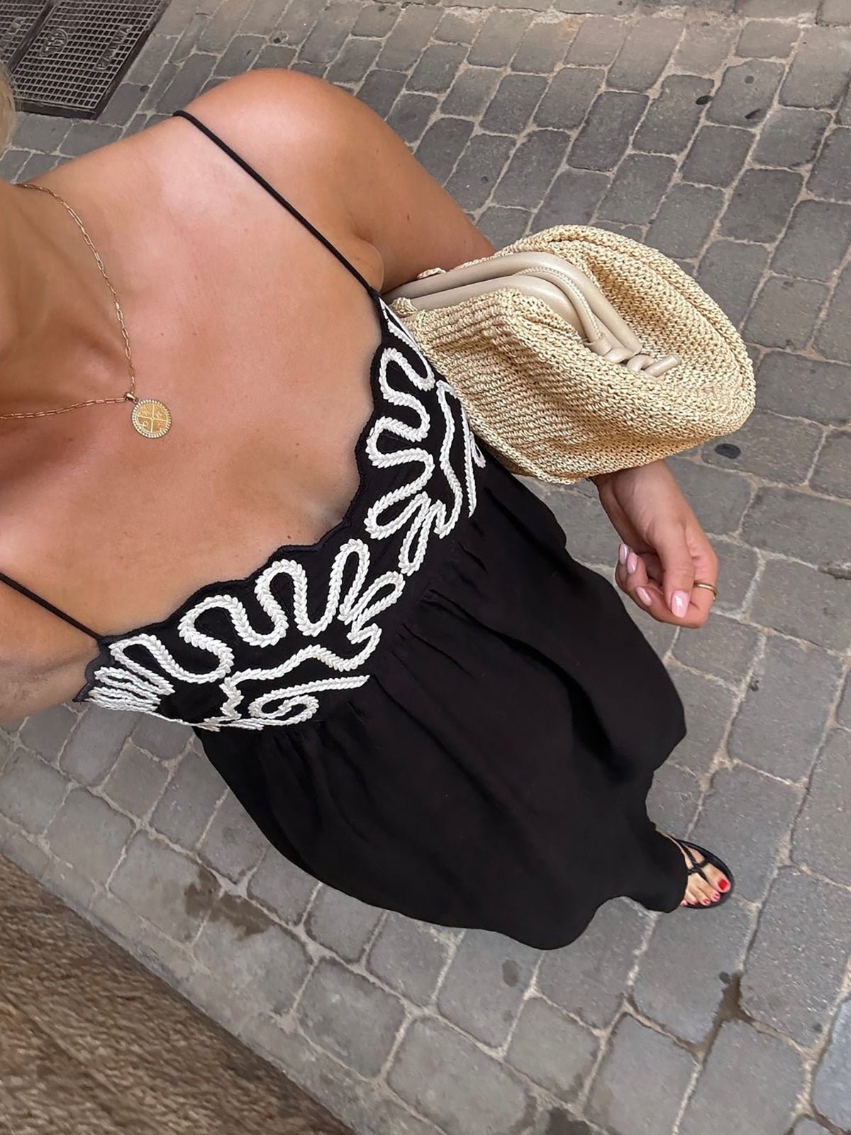 Embroidered Shirred Spaghetti Strap Maxi Dress