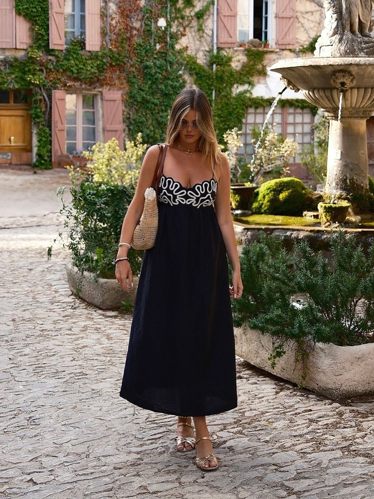 Embroidered Shirred Spaghetti Strap Maxi Dress