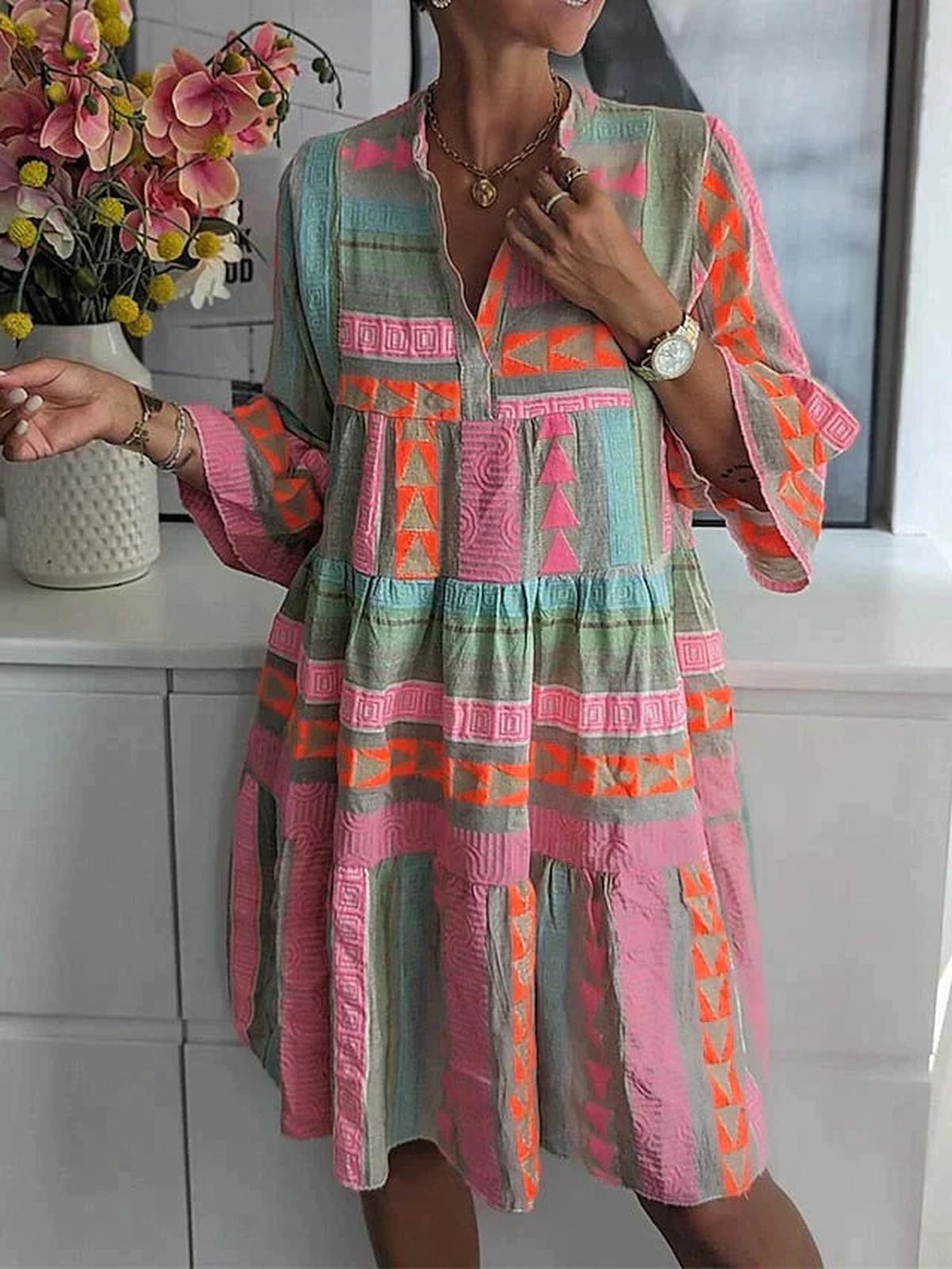Geometric Boho Midi Dress With Three-Quarter Sleeves