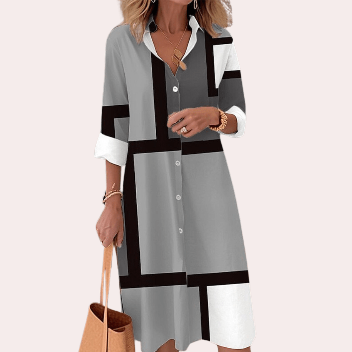 Geometric Print Knee-Length Shirt Dress