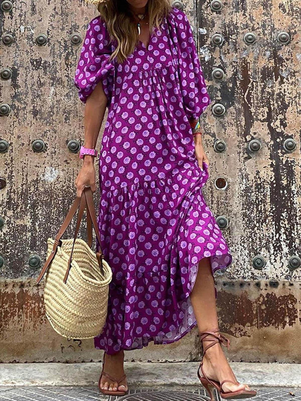 Geometric Print V-Neck Tiered Maxi Dress