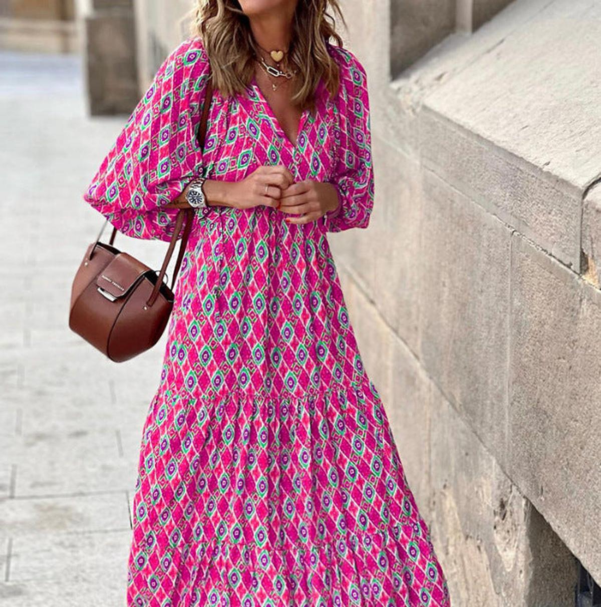 Geometric Print V-Neck Tiered Maxi Dress