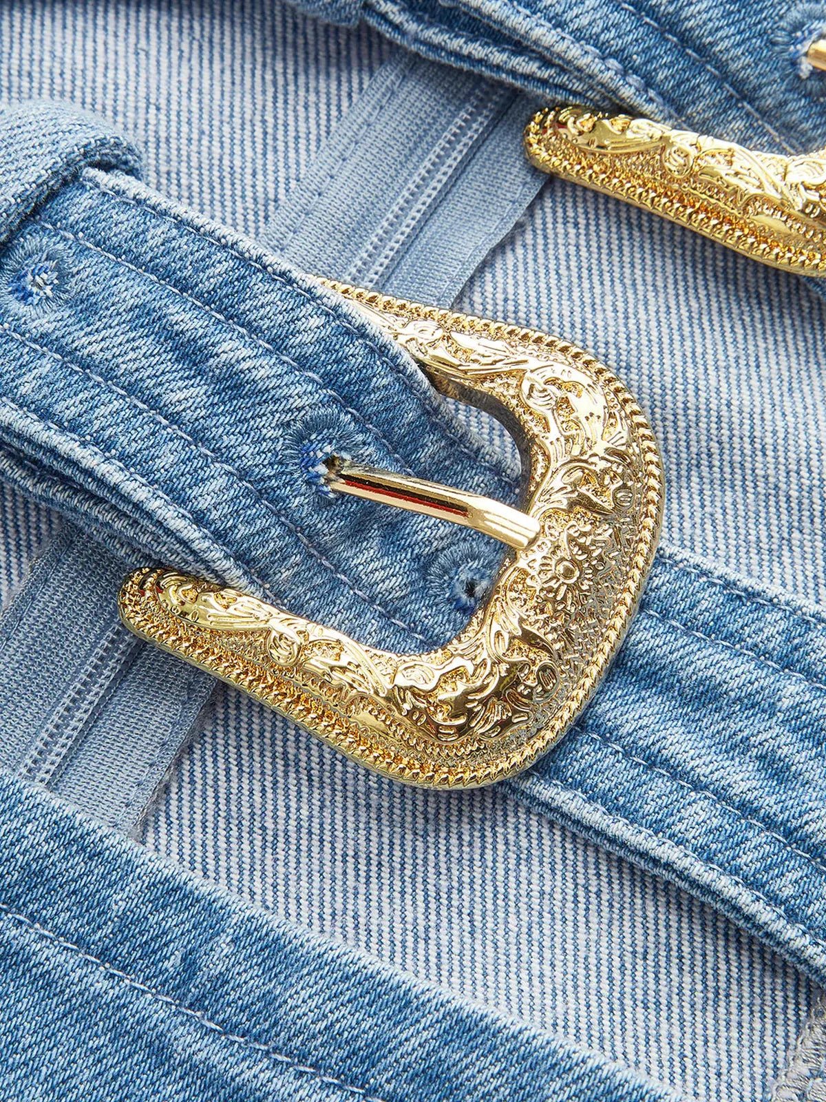 Halter Neck Buckle Faux Denim Mini Dress