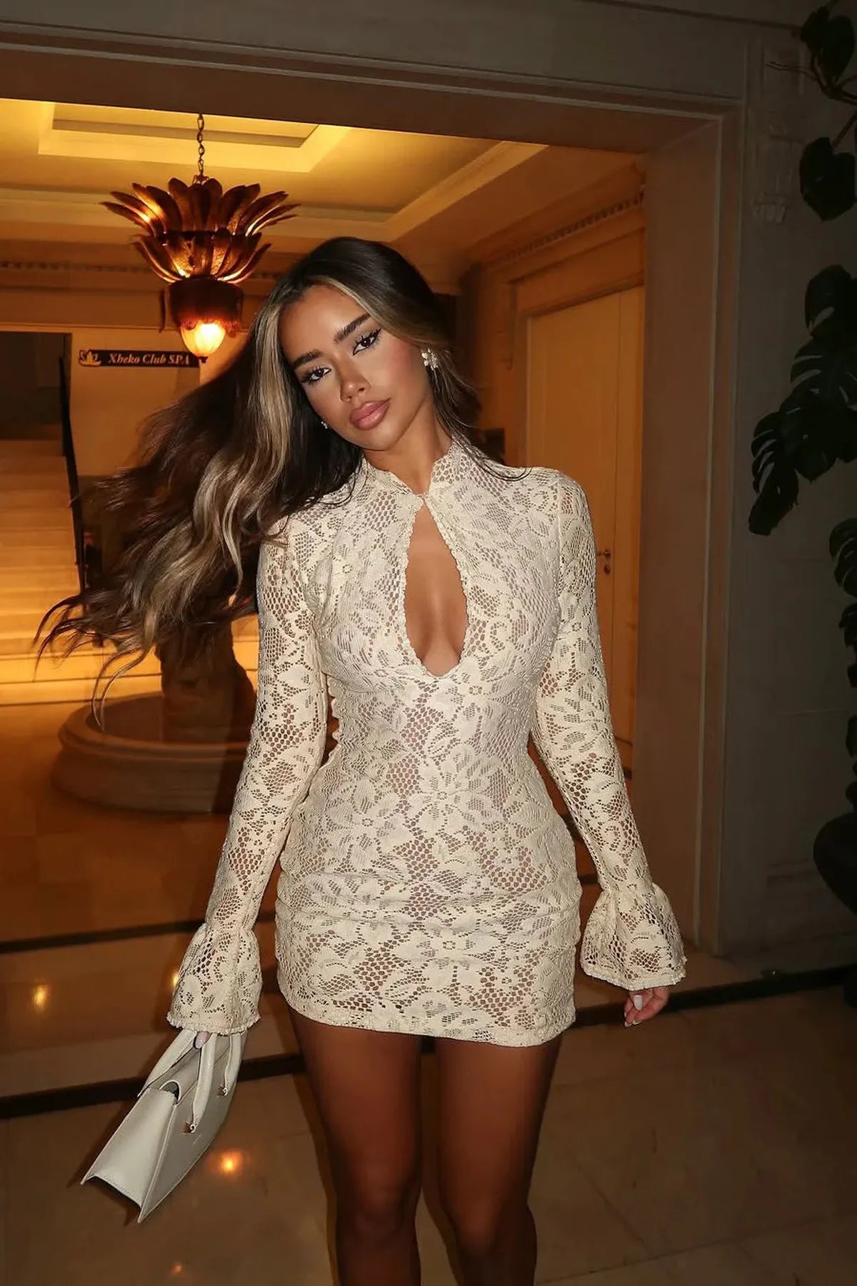 Keyhole Cut-Out Floral Lace Mini Dress