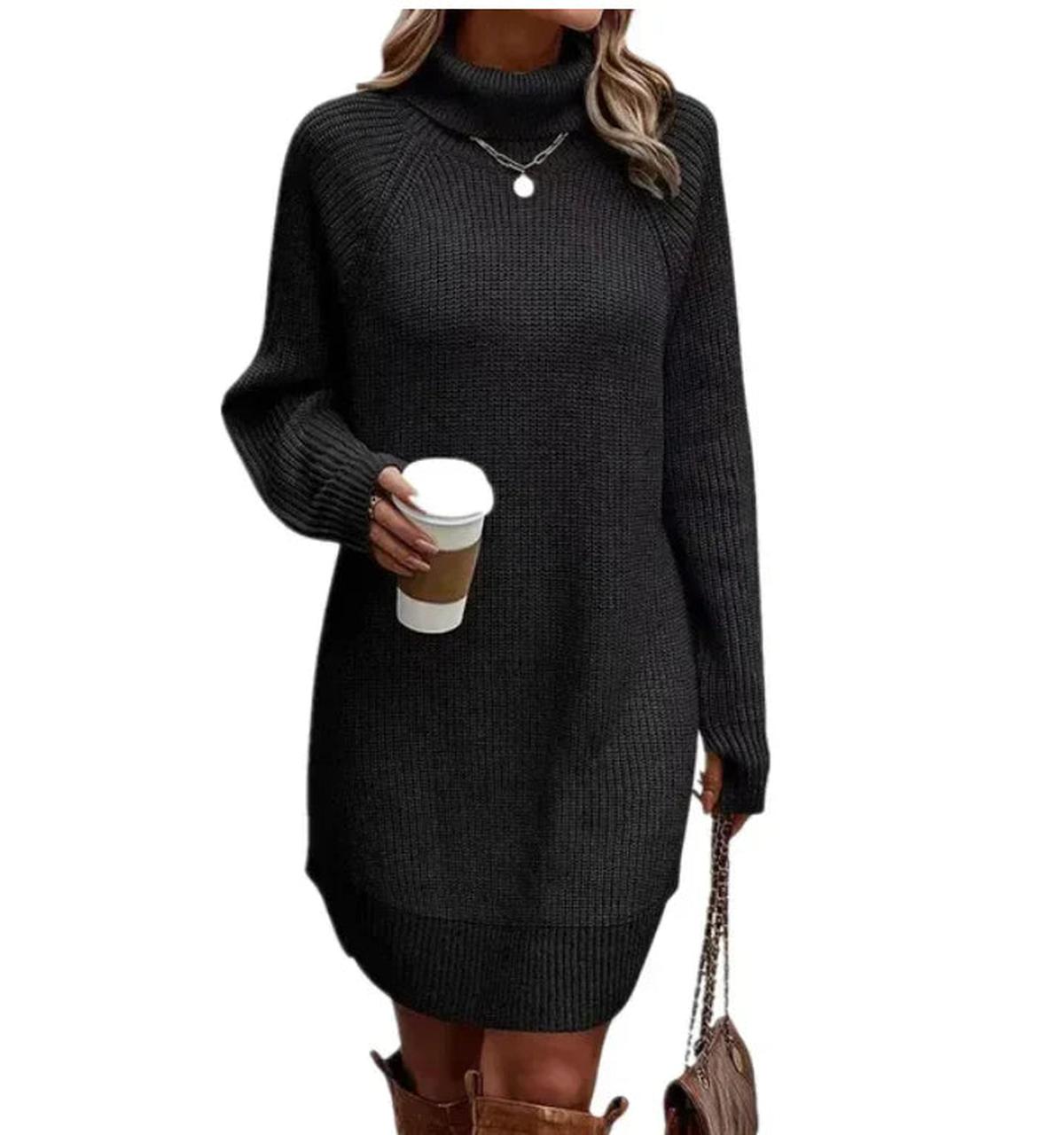 Knitted Roll Neck Dress For Women - Soft Chunky Knit, Relaxed Fit, Versatile Style