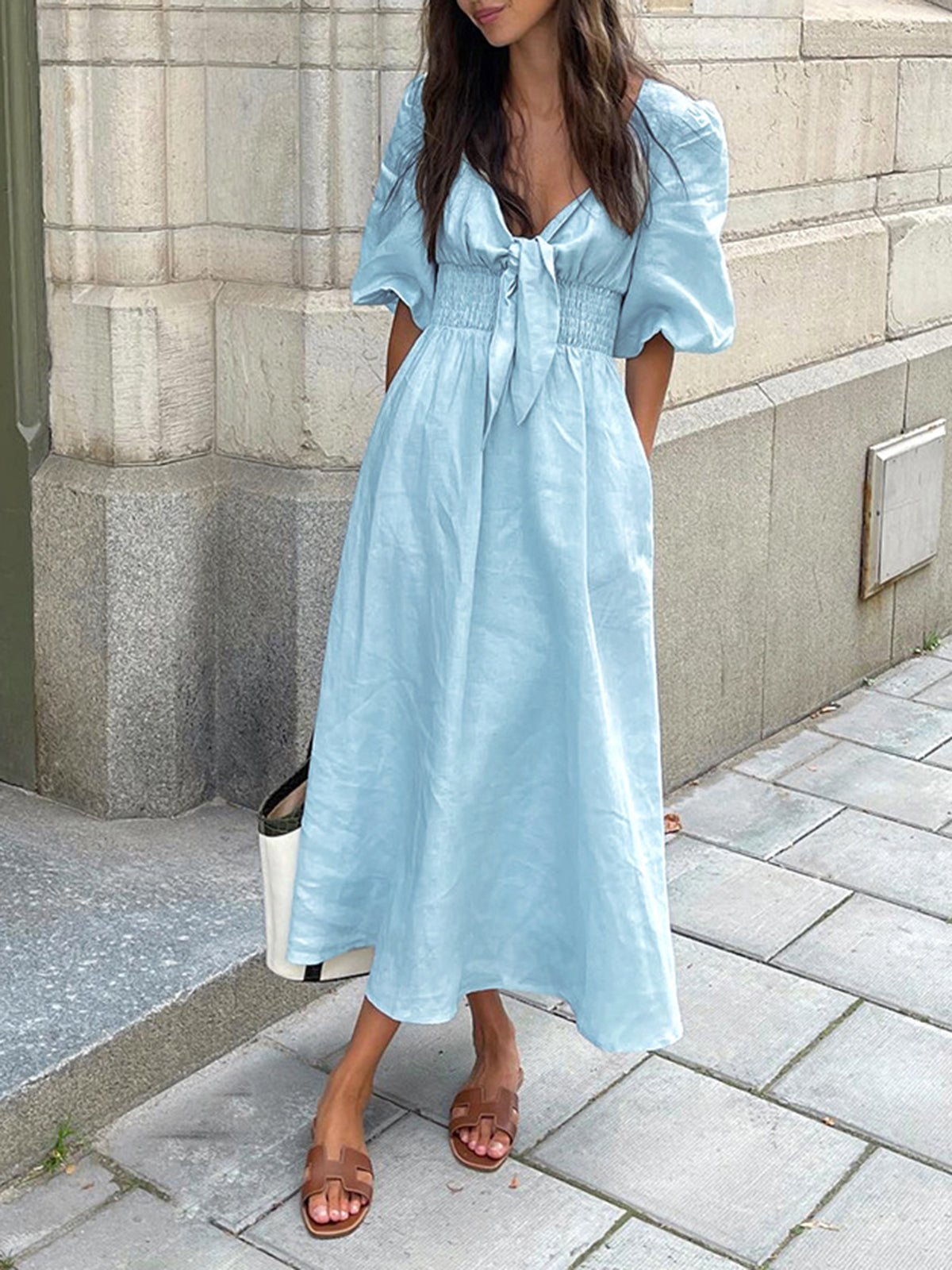 Linen Blend Front Tie Midi Dress