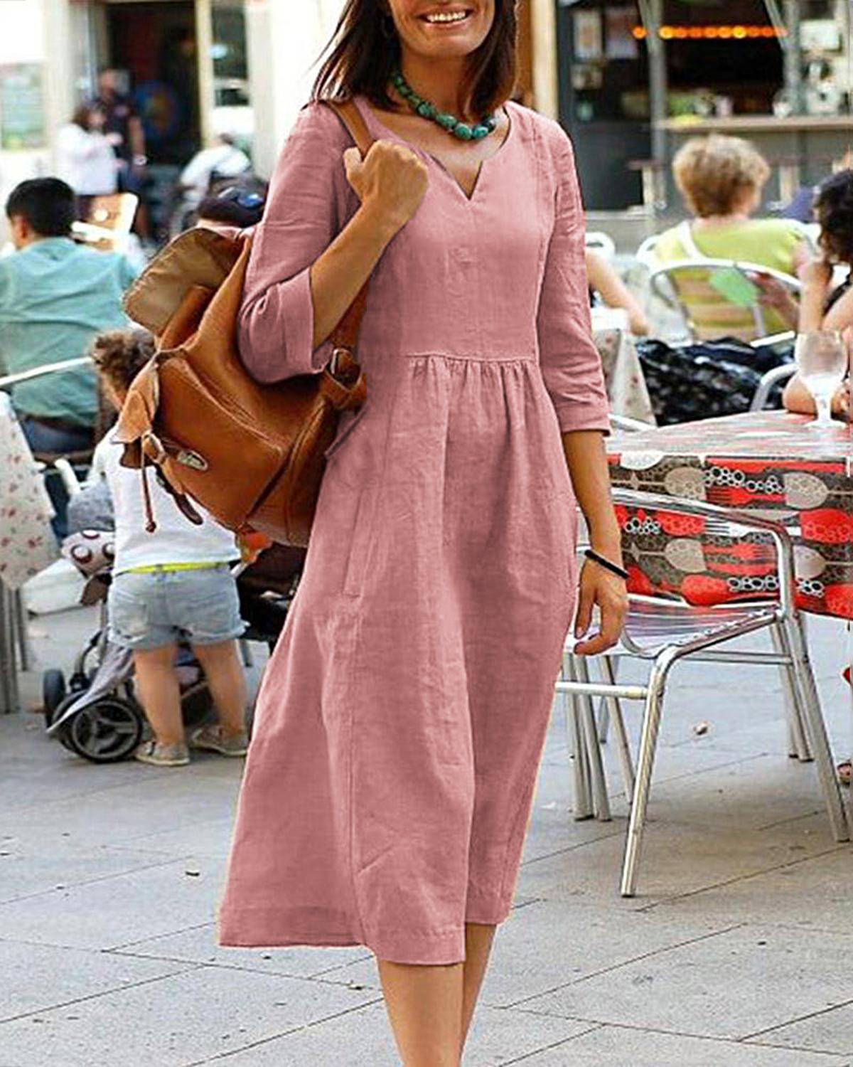 Linen Blend V-Neck Midi Dress