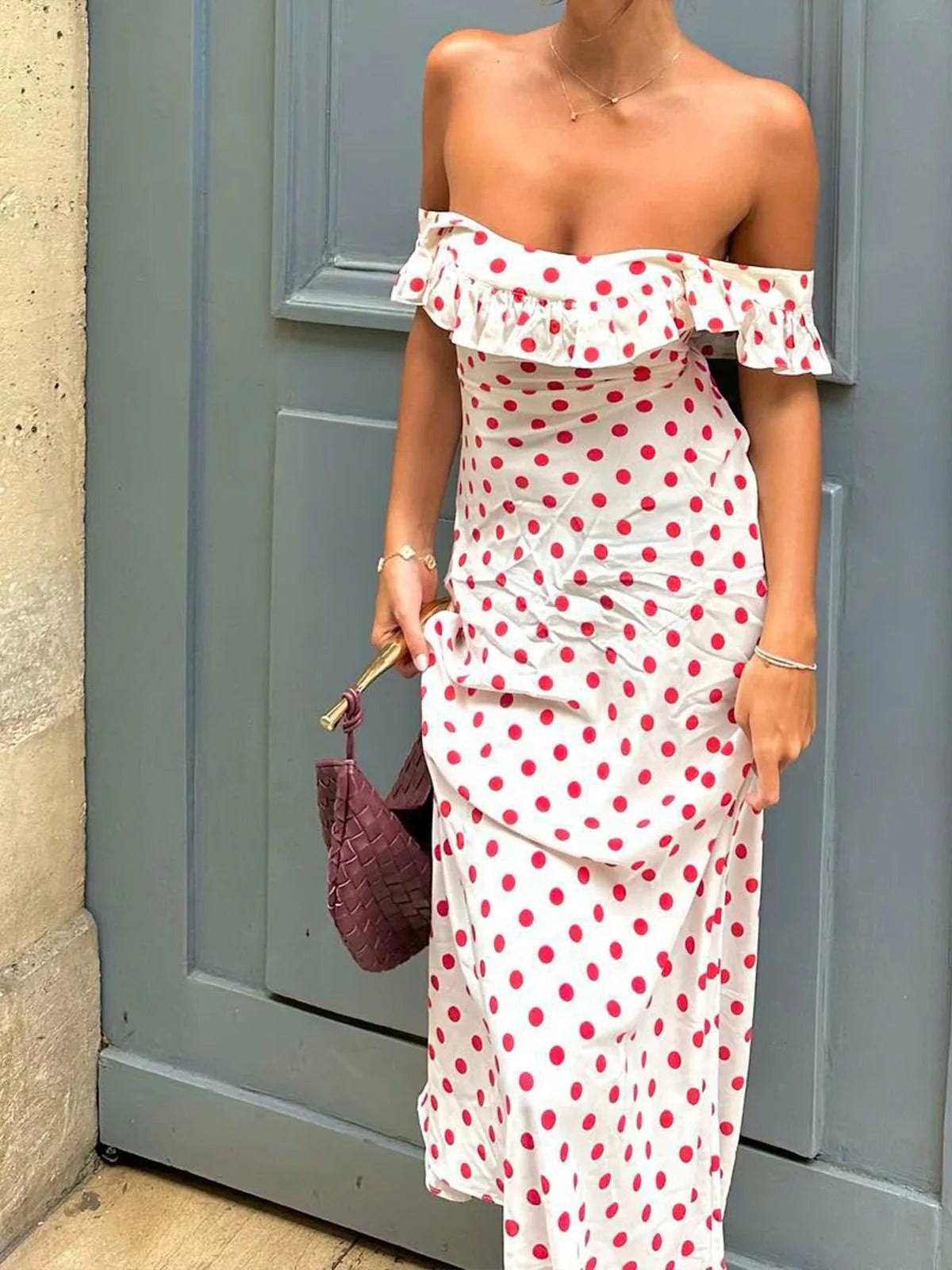 Off-Shoulder Polka Dot Ruffle Hem Maxi Sundress