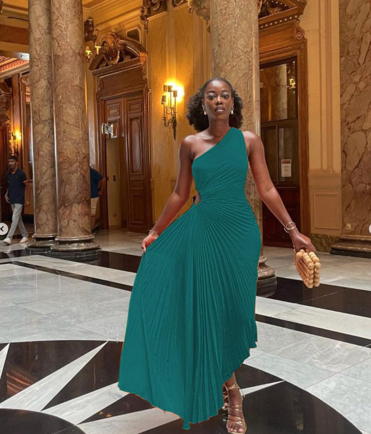 Pleated One-Shoulder Formal Evening Gown