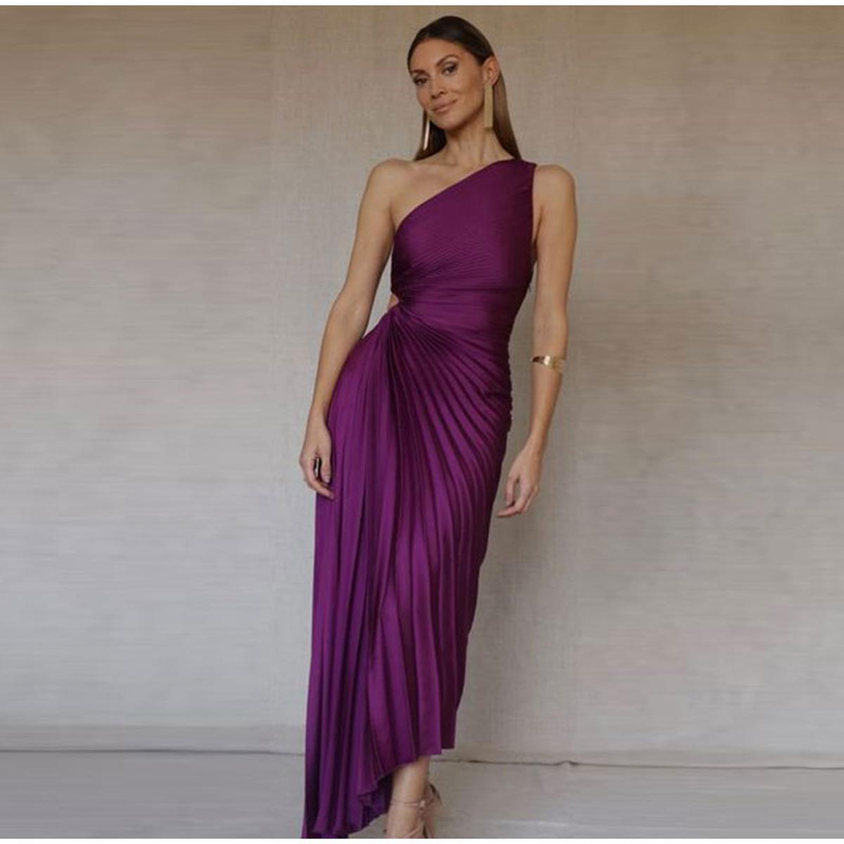 Pleated One-Shoulder Formal Evening Gown