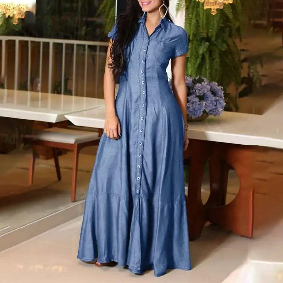 Plus Size Maxi Denim Dress With Pockets