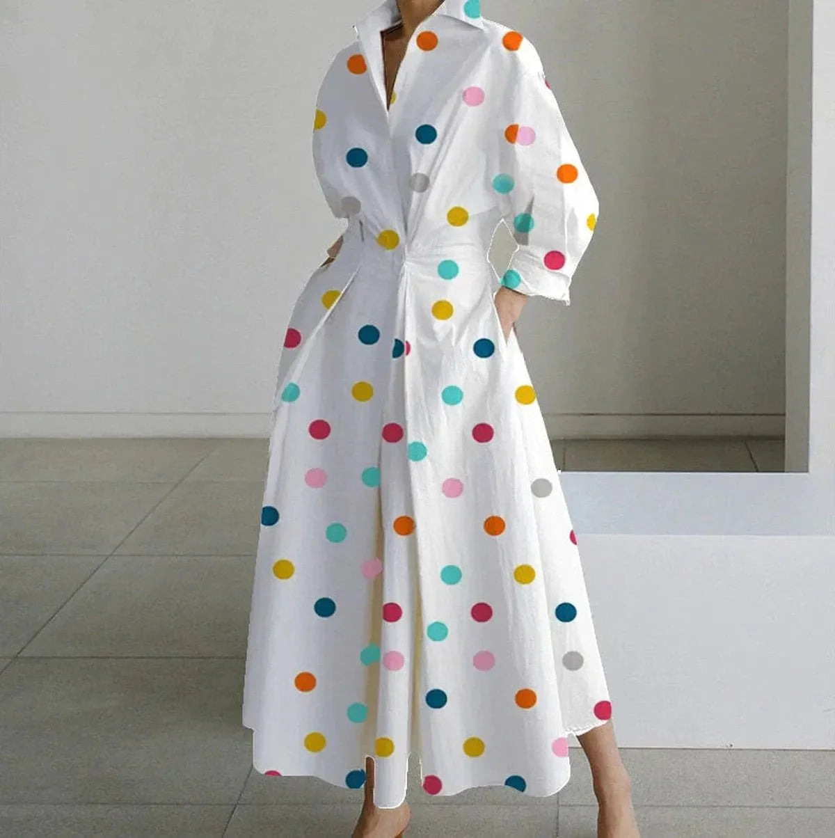 Polka Dot Cinched Waist A-Line Shirt Dress