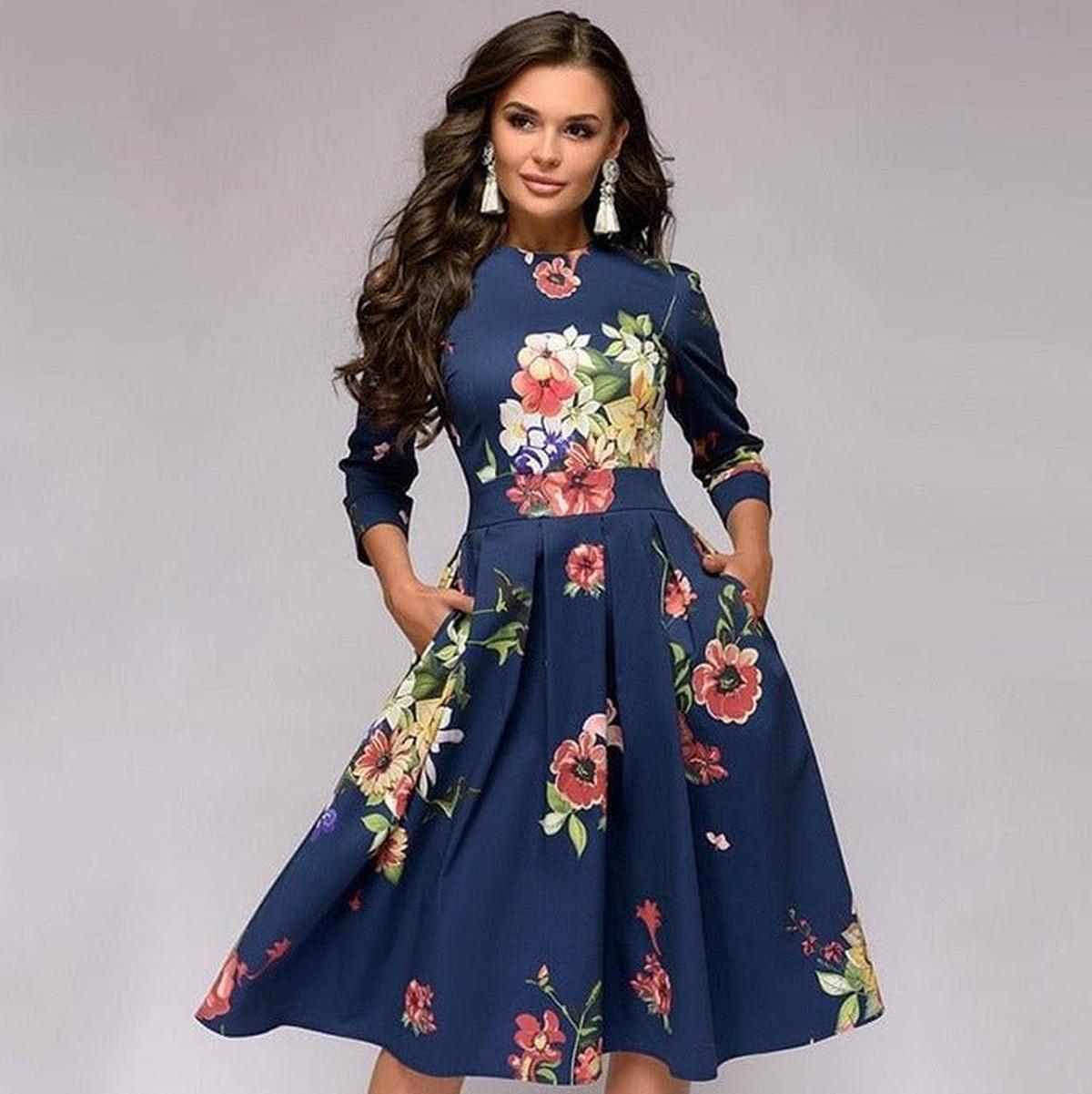 Retro Floral Dress With 3/4 Puff Sleeves