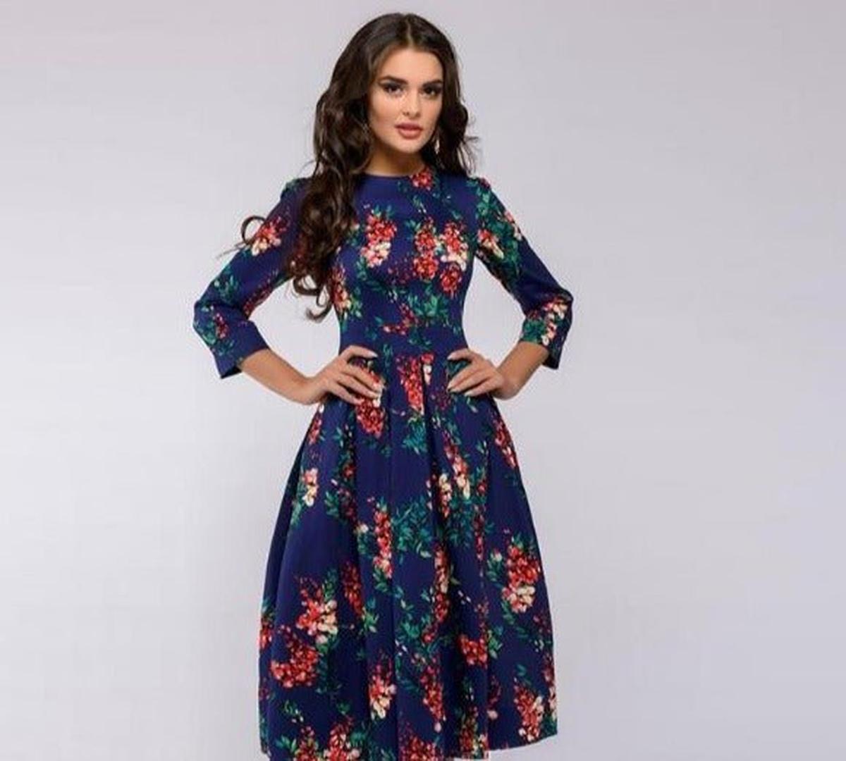 Retro Floral Dress With 3/4 Puff Sleeves