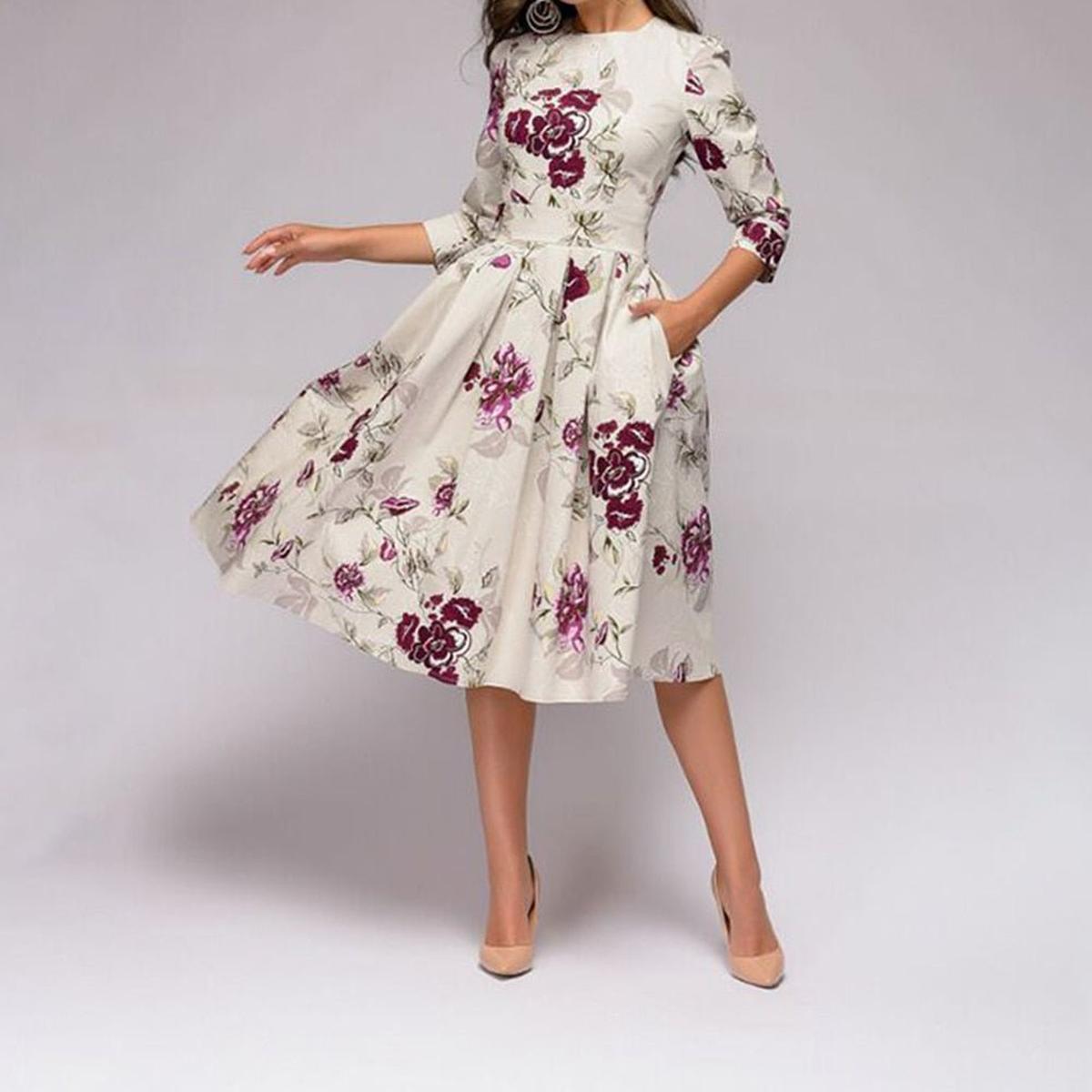 Retro Floral Dress With 3/4 Puff Sleeves
