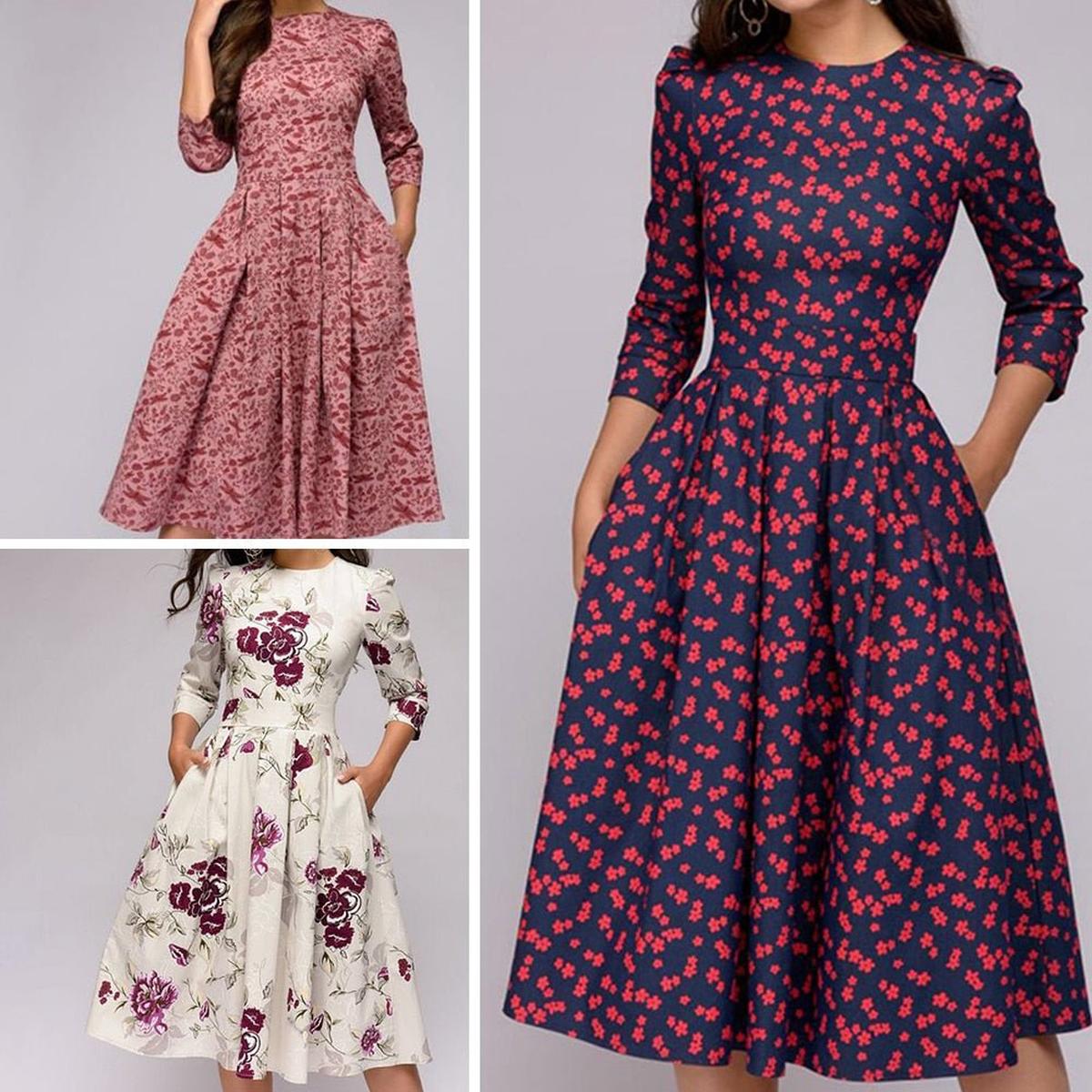 Retro-Inspired Mid-Length Dress With Puffed Sleeves