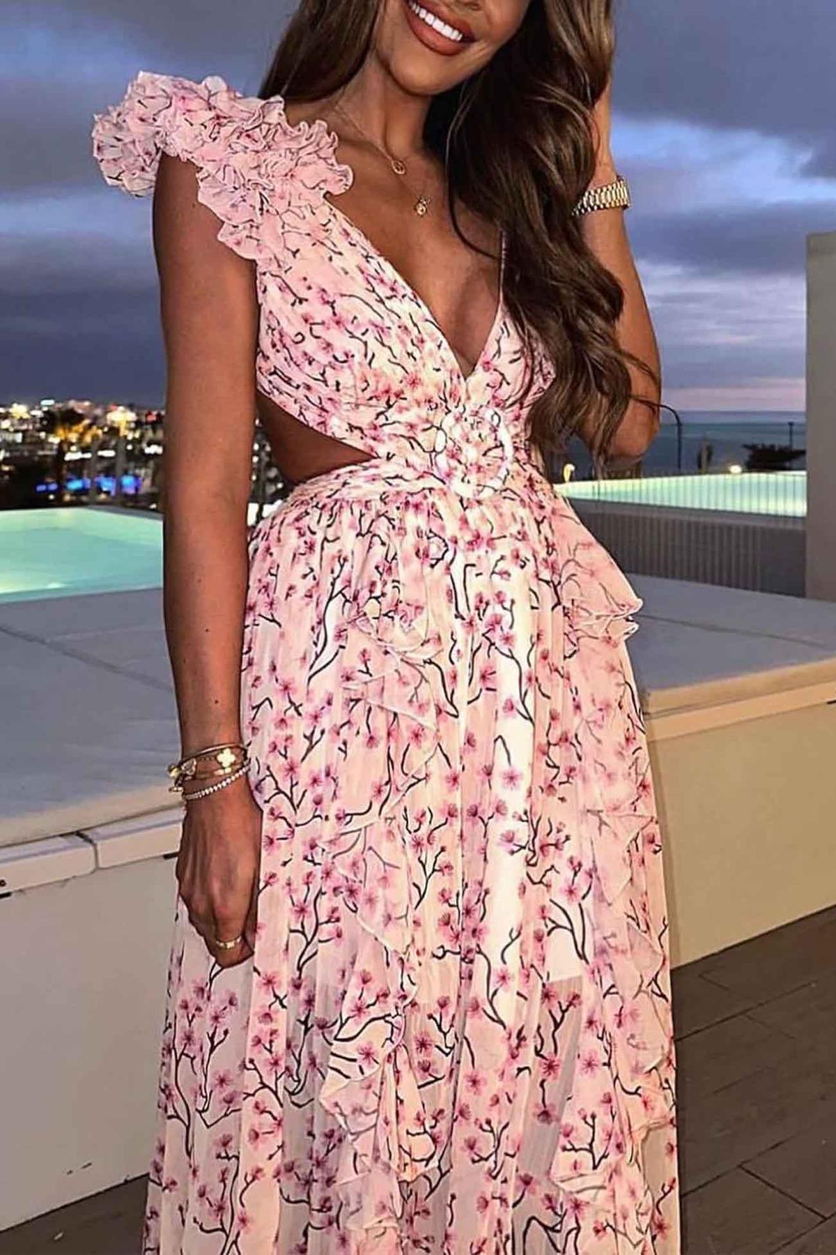Ruffled Sleeve Cut-Out Waist Floral Maxi Dress