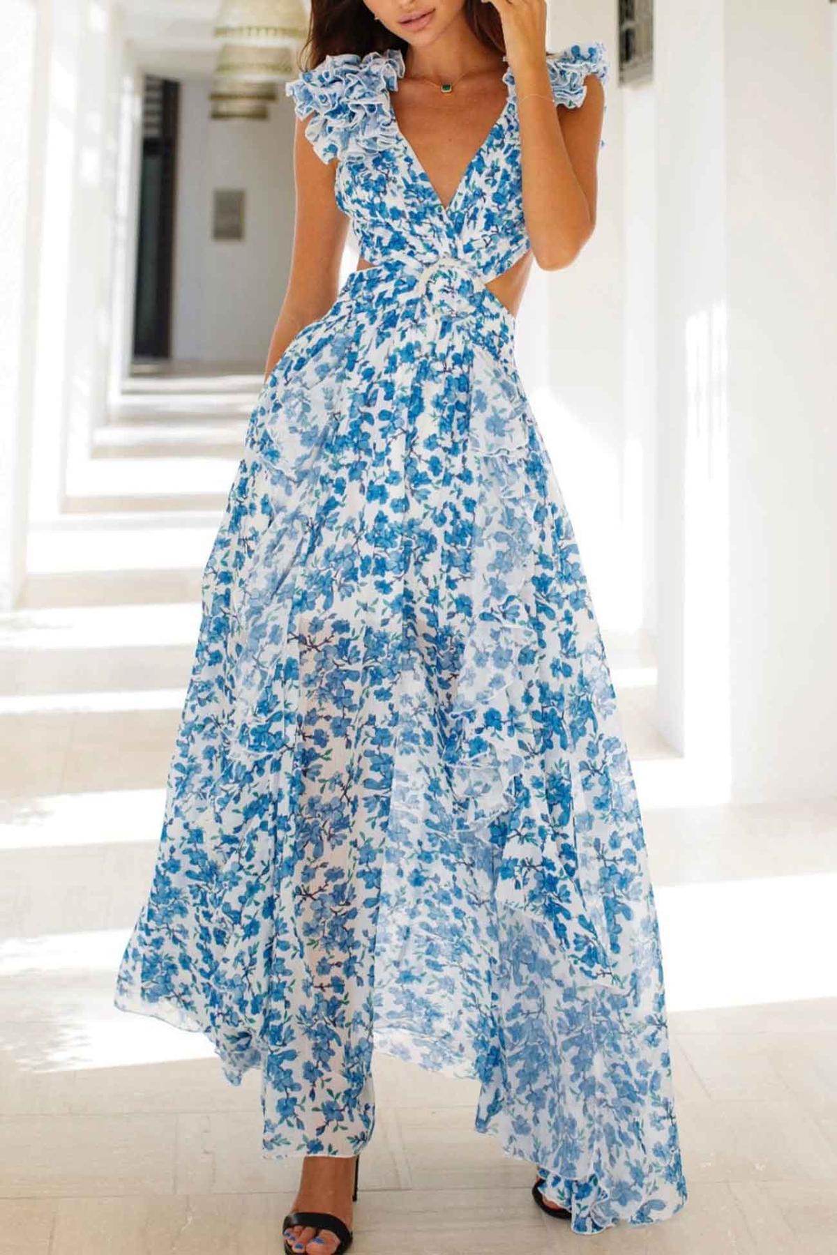 Ruffled Sleeve Cut-Out Waist Floral Maxi Dress