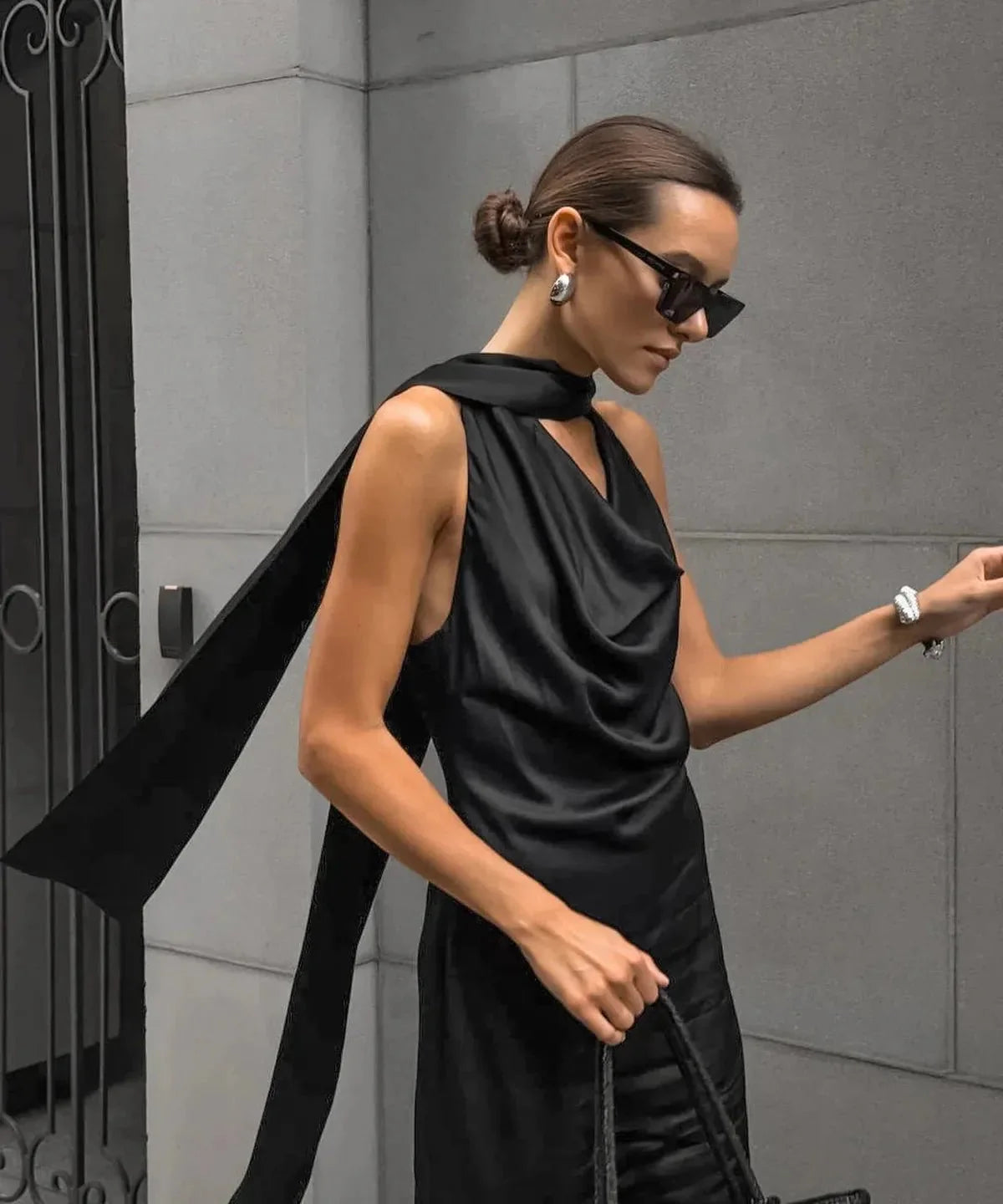 Satin Halter Maxi Dress with Scarf Detail