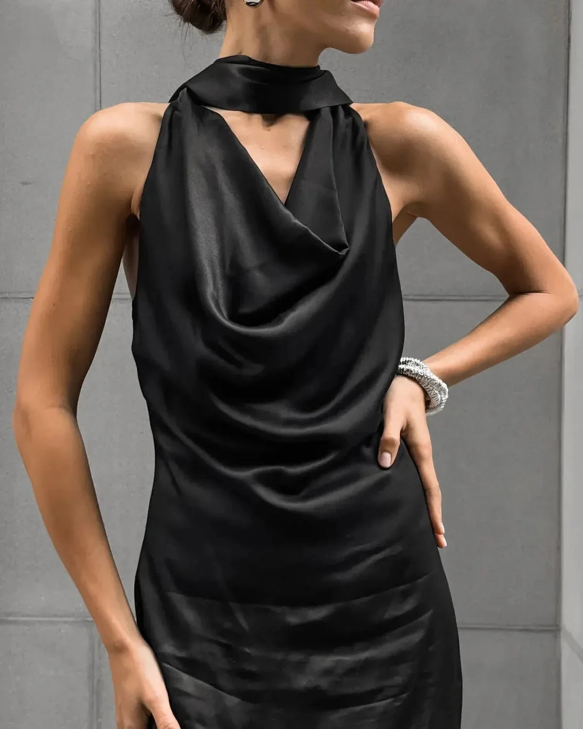 Satin Halter Maxi Dress with Scarf Detail