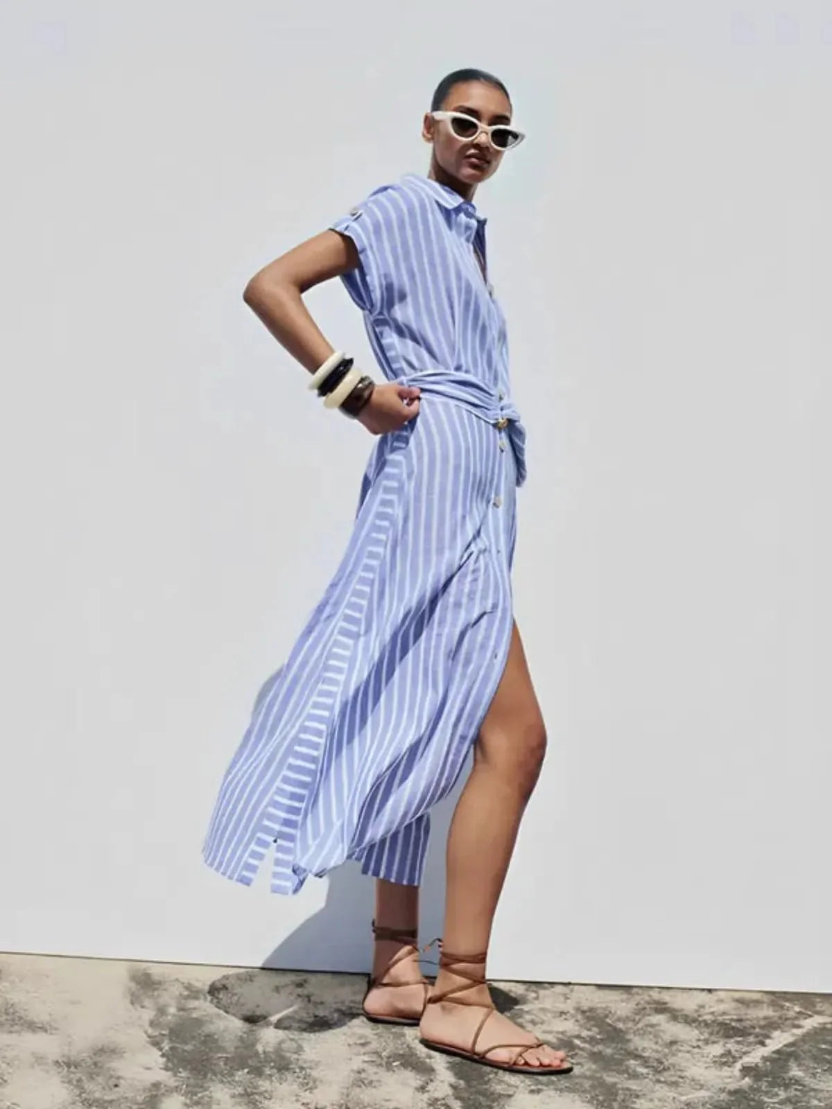 Striped Linen-Blend Maxi Dress with Belt