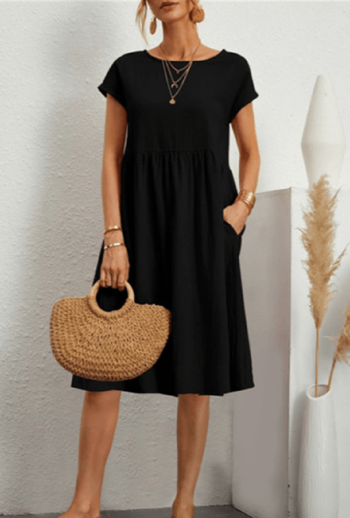Women's Cotton Linen A-Line Short Sleeve Midi Dress