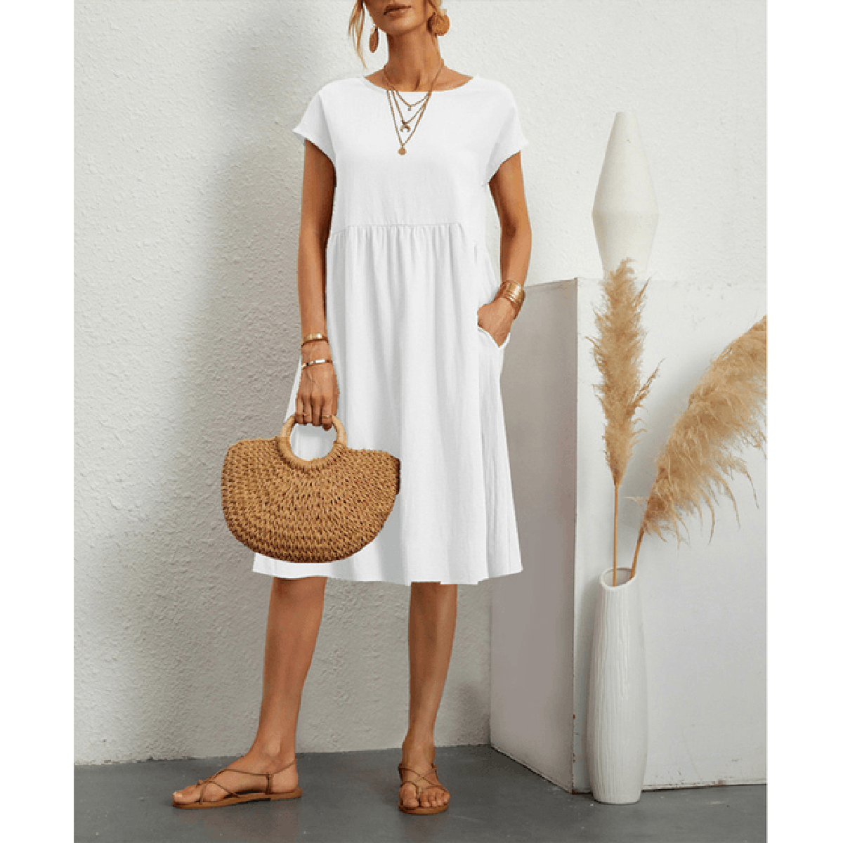 Women's Cotton Linen A-Line Short Sleeve Midi Dress