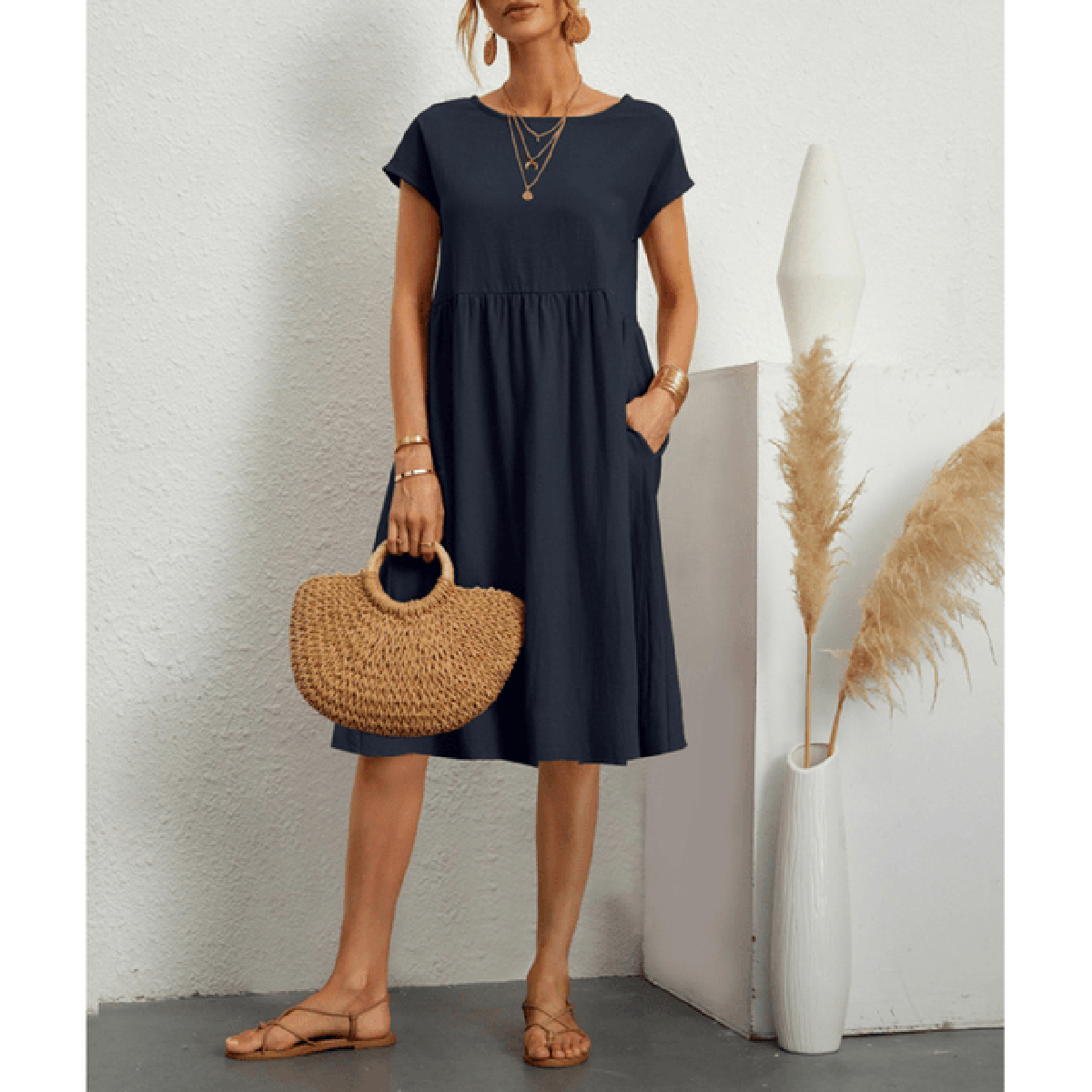 Women's Cotton Linen A-Line Short Sleeve Midi Dress
