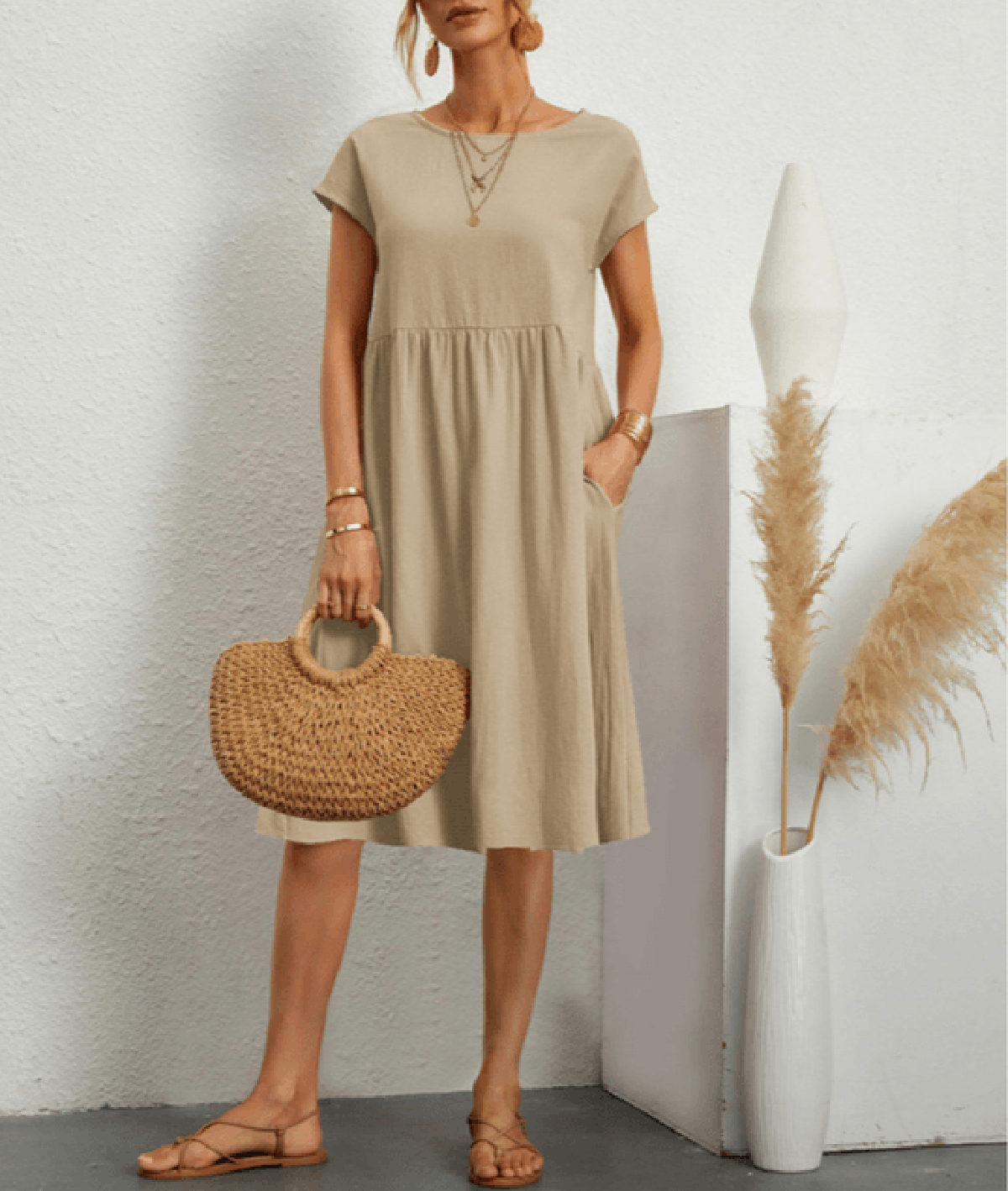 Women's Cotton Linen A-Line Short Sleeve Midi Dress