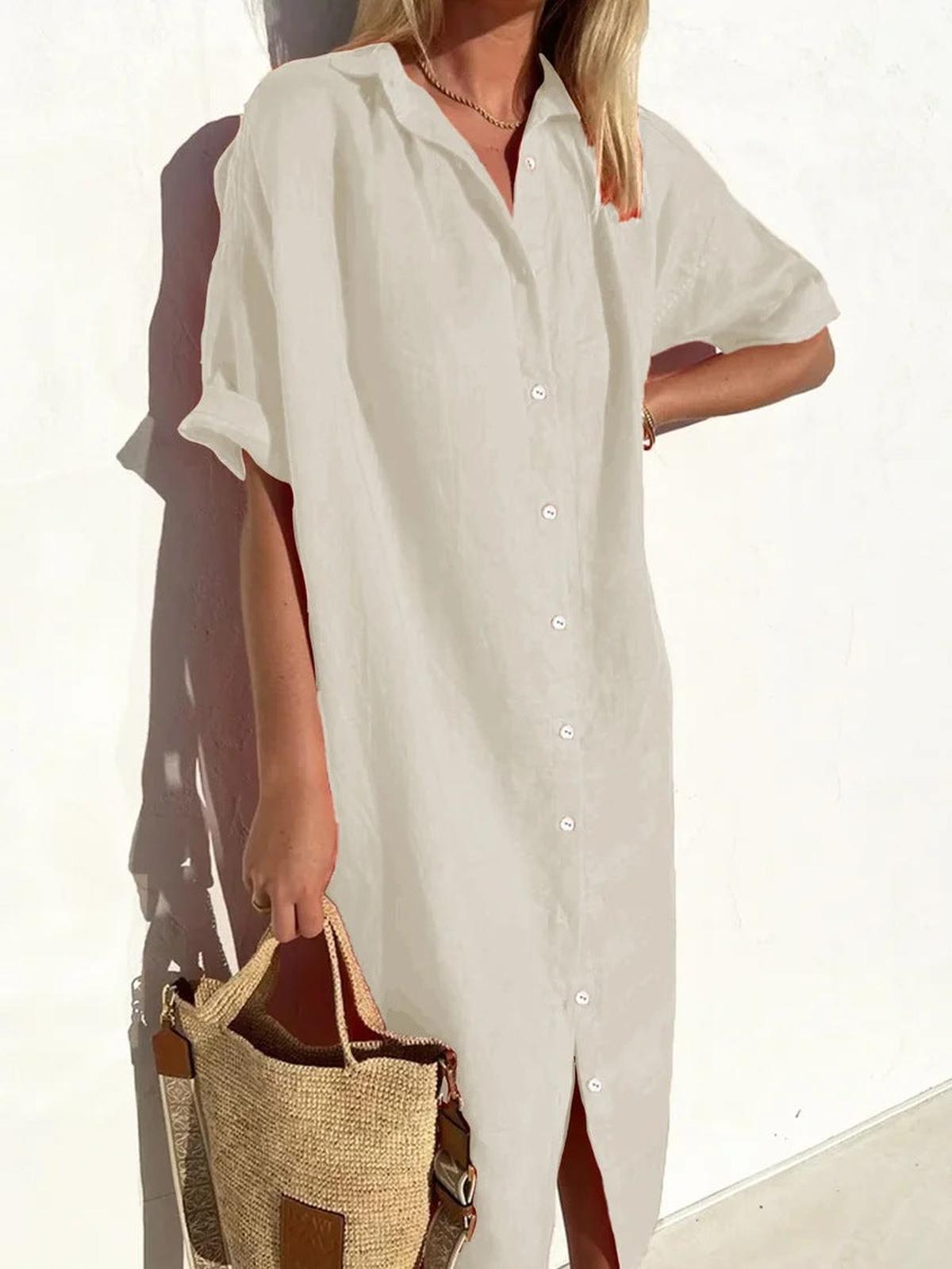 Women's Cotton-Linen Button-Down Midi Shirt Dress