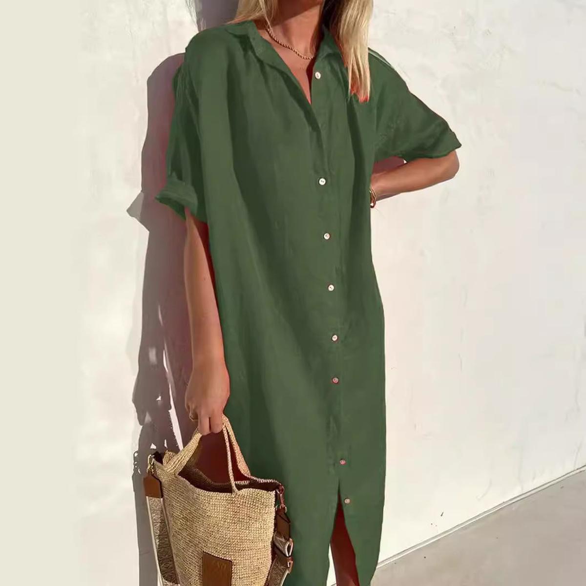 Women's Cotton-Linen Button-Down Midi Shirt Dress