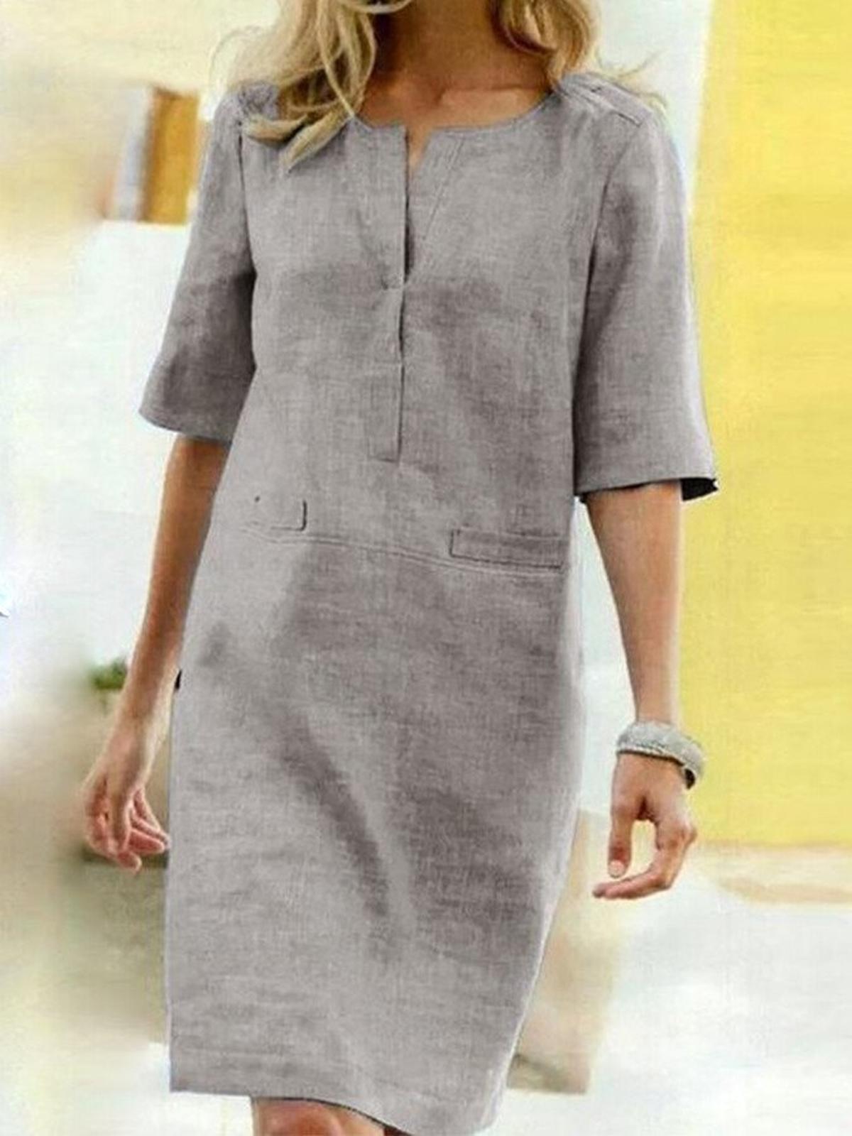 Women's Cotton Linen Shift Dress With V-Slit Neck