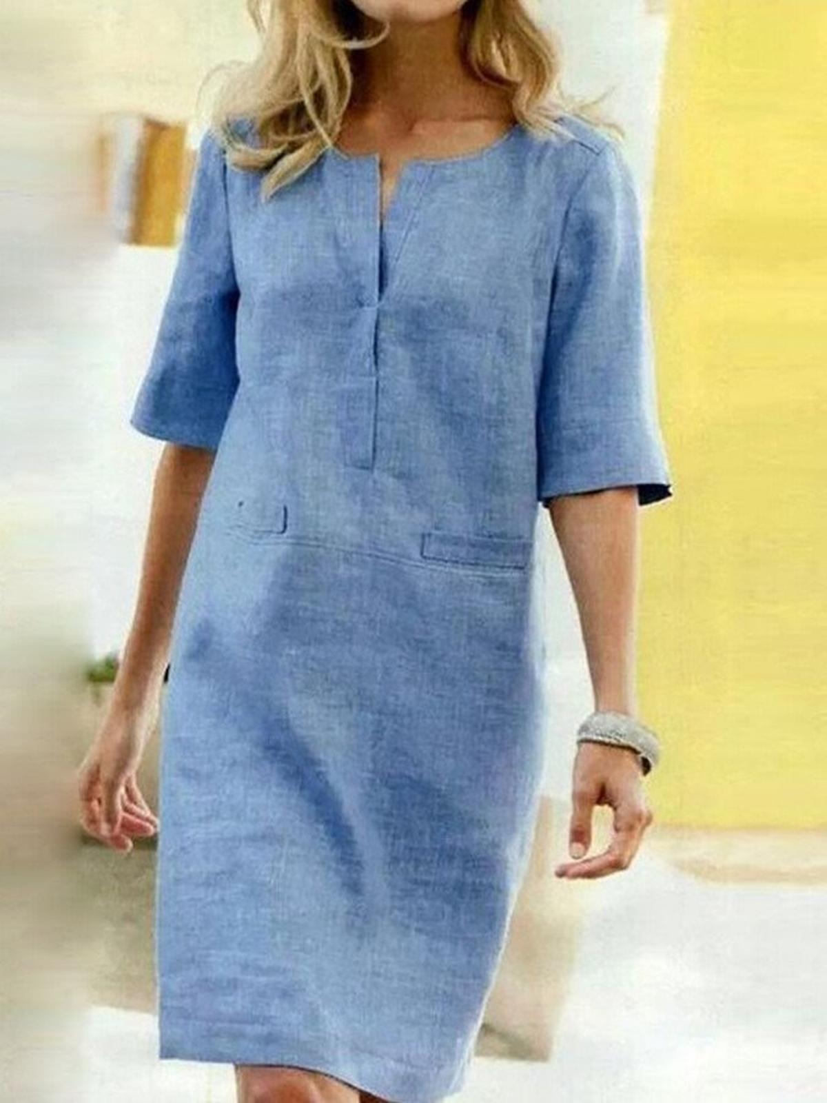 Women's Cotton Linen Shift Dress With V-Slit Neck