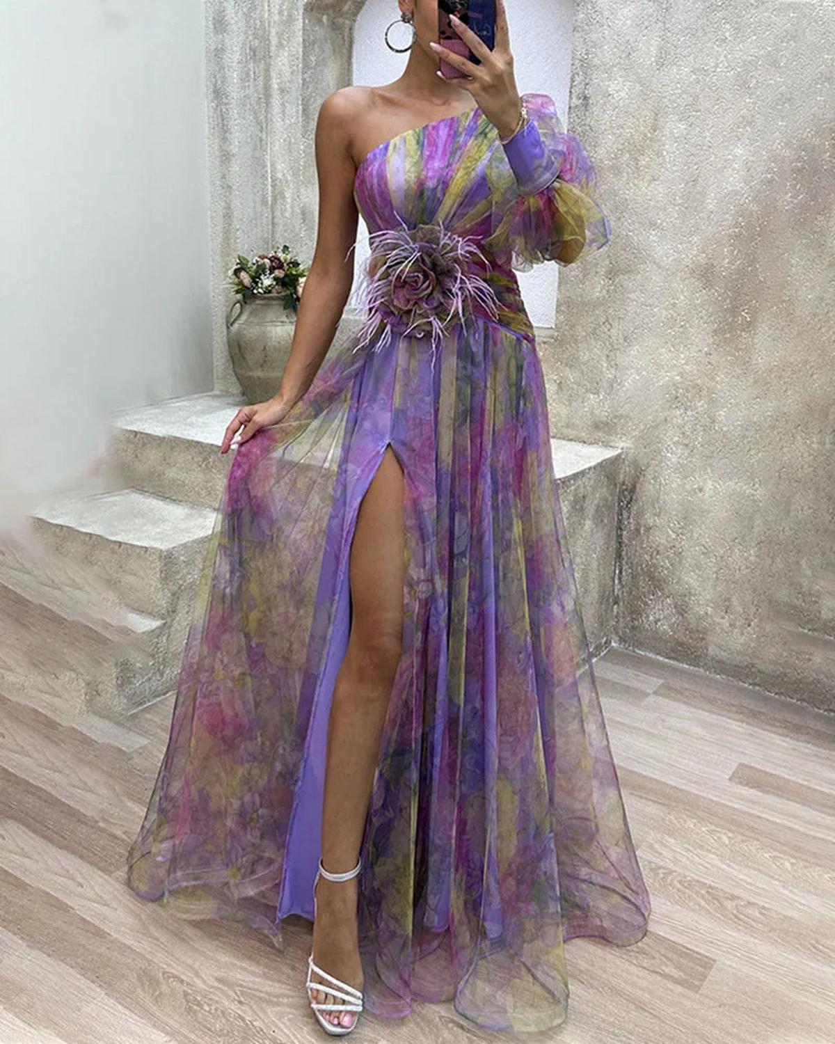 Women's Floral One-Shoulder Maxi Evening Gown