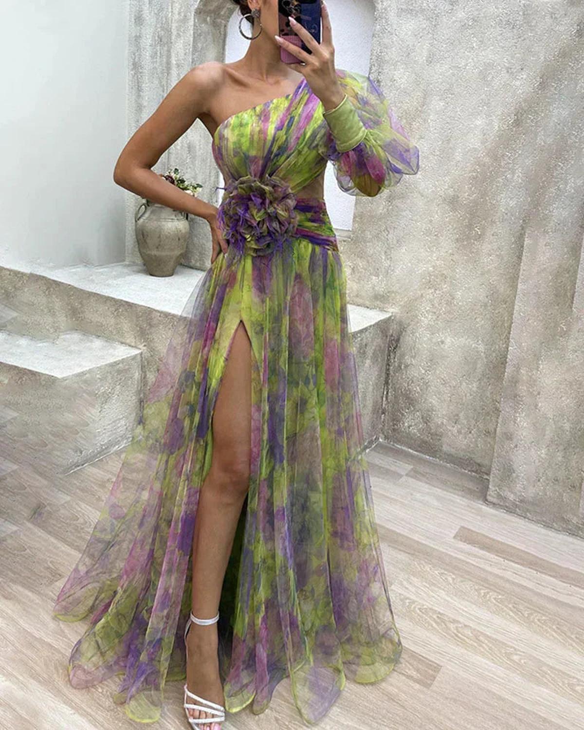 Women's Floral One-Shoulder Maxi Evening Gown