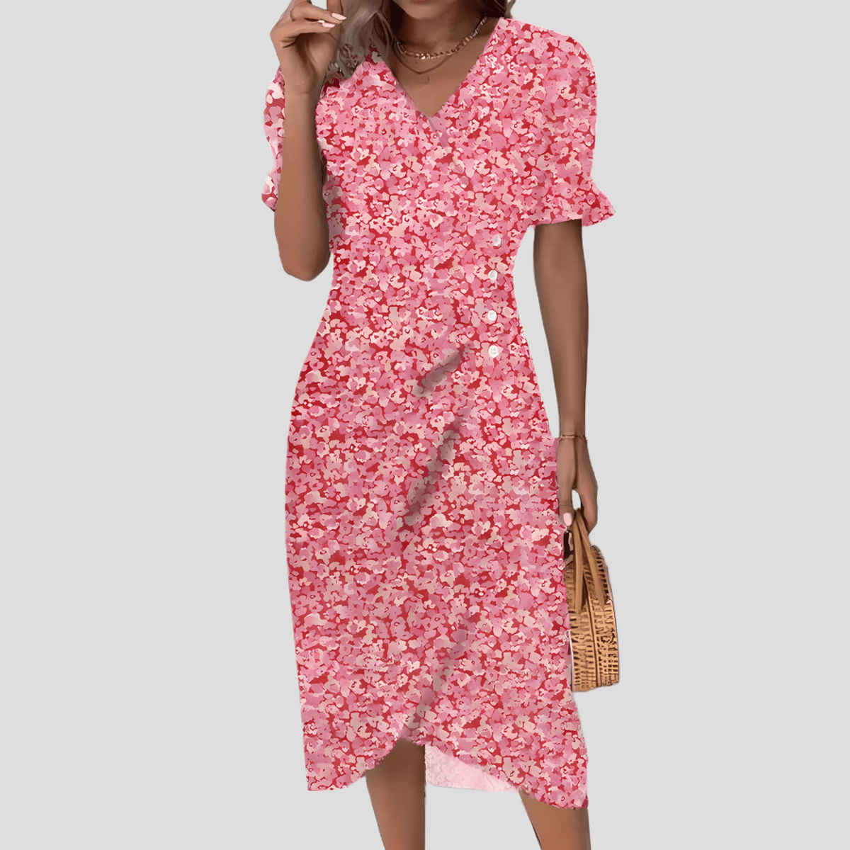 Women's Floral V-Neck Midi Dress With Puff Sleeves