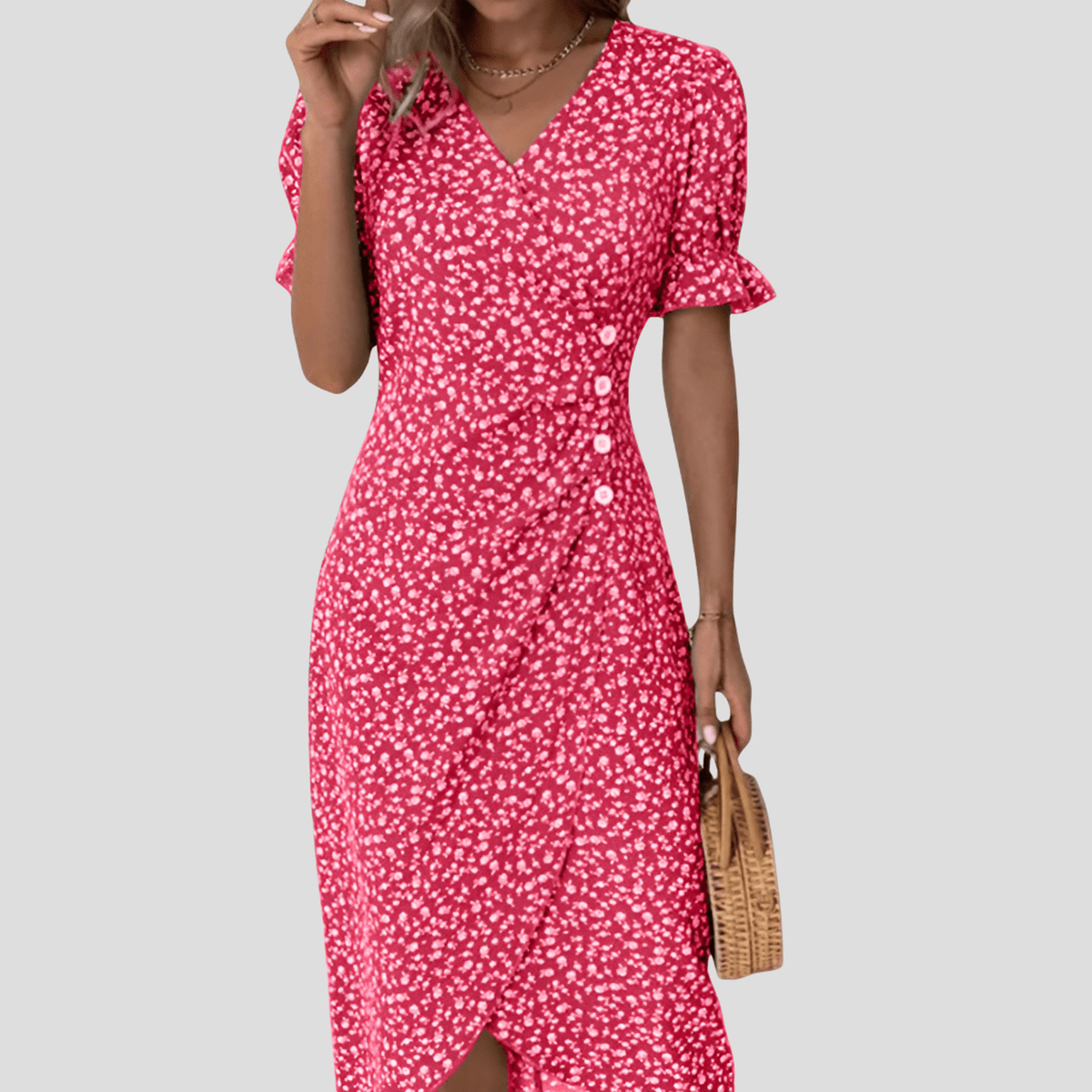Women's Floral V-Neck Midi Dress With Puff Sleeves