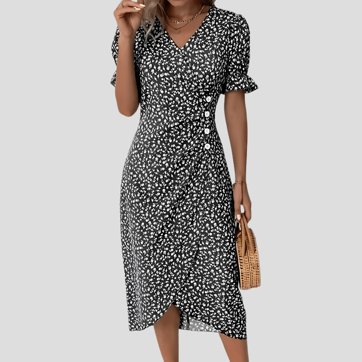 Women's Floral V-Neck Midi Dress With Puff Sleeves