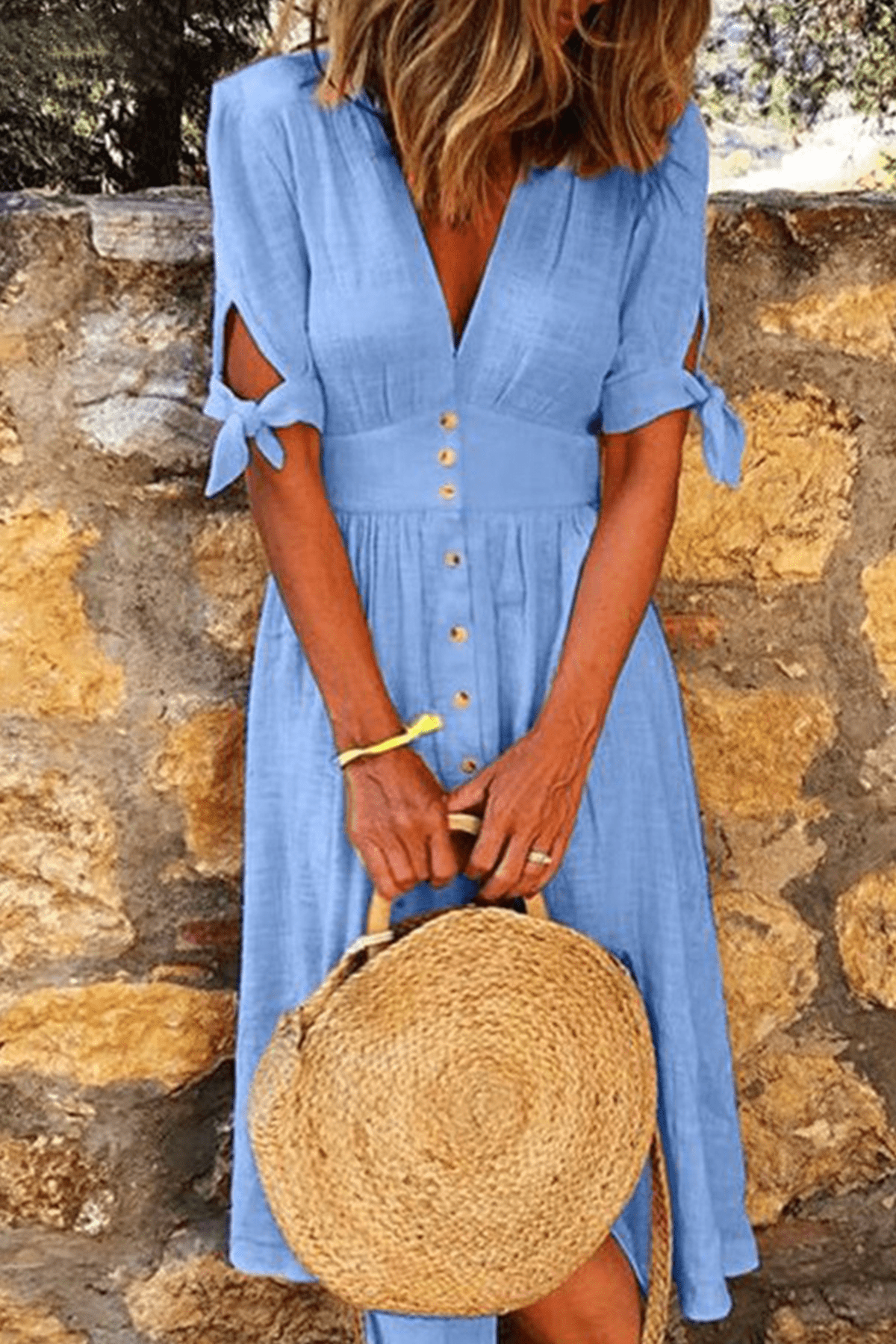 Women's Summer Button-Down V-Neck Midi Dress