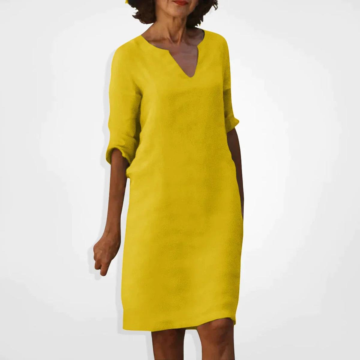 Women's Summer V-Neck Midi Dress With Three-Quarter Sleeves